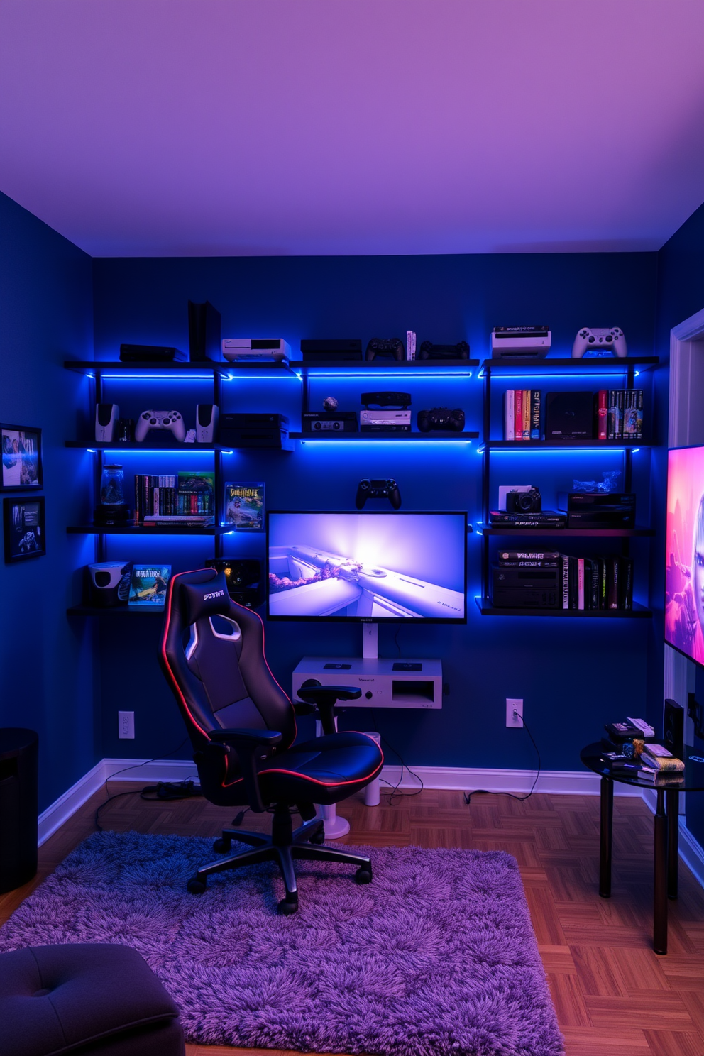 A modern video game room featuring wall-mounted shelves that display an array of gaming consoles and collectibles. The walls are painted in a deep blue hue, creating an immersive atmosphere, while a comfortable gaming chair sits in front of a large screen. Soft LED strip lights illuminate the shelves, highlighting the games and accessories on display. A plush area rug adds warmth to the space, and a small side table holds snacks and drinks for extended gaming sessions.