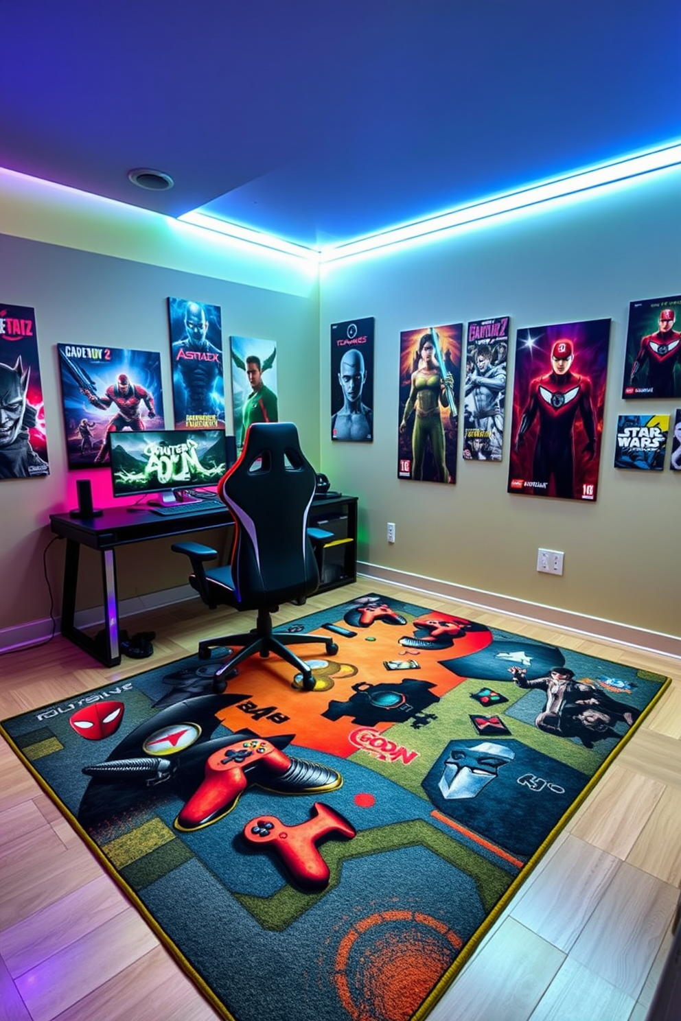 A vibrant gaming zone featuring a themed area rug that showcases iconic video game characters and elements. The rug complements the room's decor with bright colors, creating an immersive environment for gaming enthusiasts. The walls are adorned with posters of popular video games, and LED strip lights illuminate the space for a dynamic atmosphere. A comfortable gaming chair and a sleek desk are positioned on the rug, enhancing the overall design of the video game room.