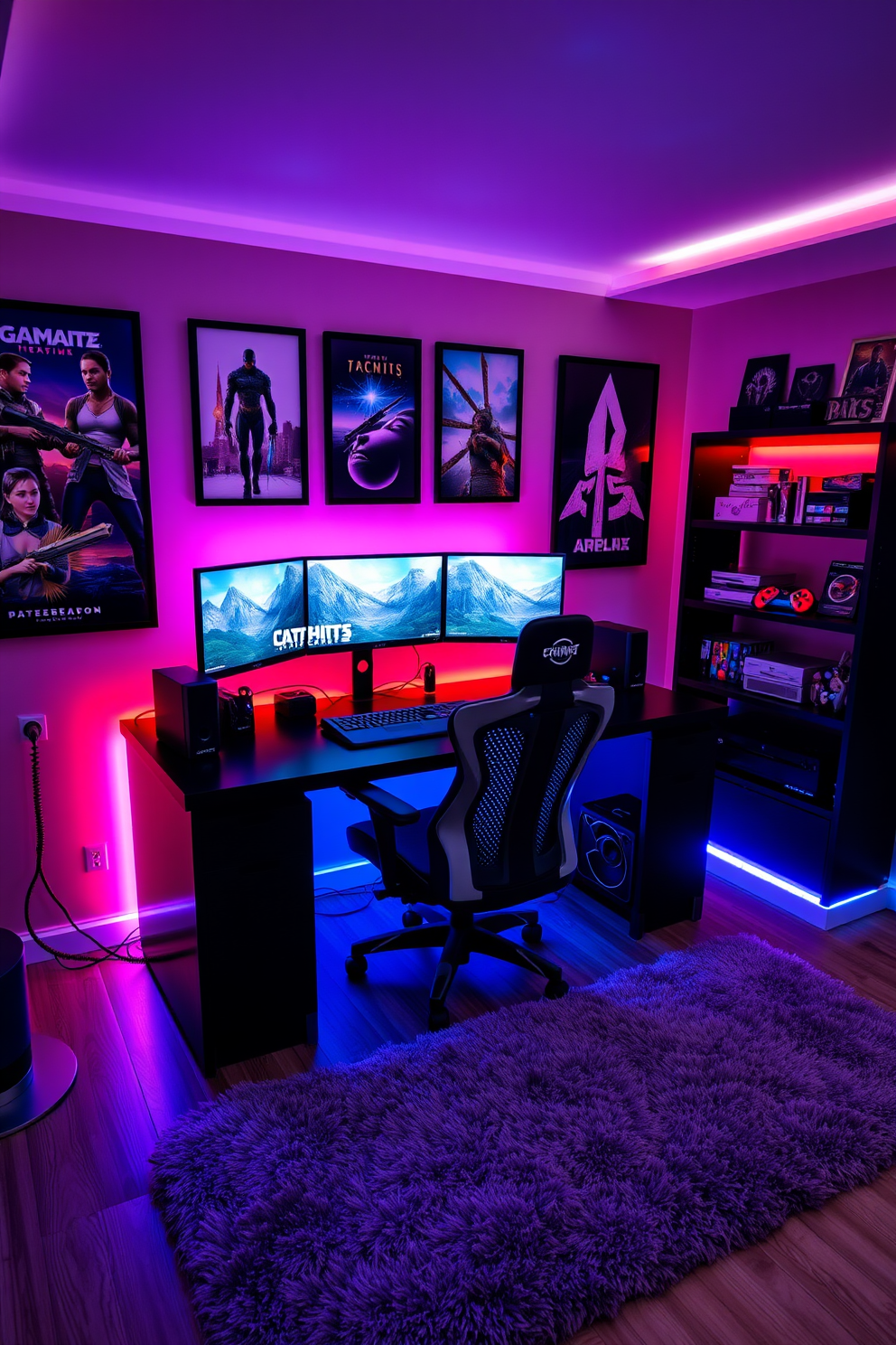 A custom gaming desk with built-in cable management features a sleek black finish and a spacious surface for multiple monitors. The room is designed with vibrant LED lighting, creating an immersive atmosphere that complements the gaming setup. The walls are adorned with framed posters of popular video games, and a comfortable gaming chair is positioned in front of the desk. A plush area rug adds warmth to the space, while shelves hold collectibles and gaming accessories for easy access.