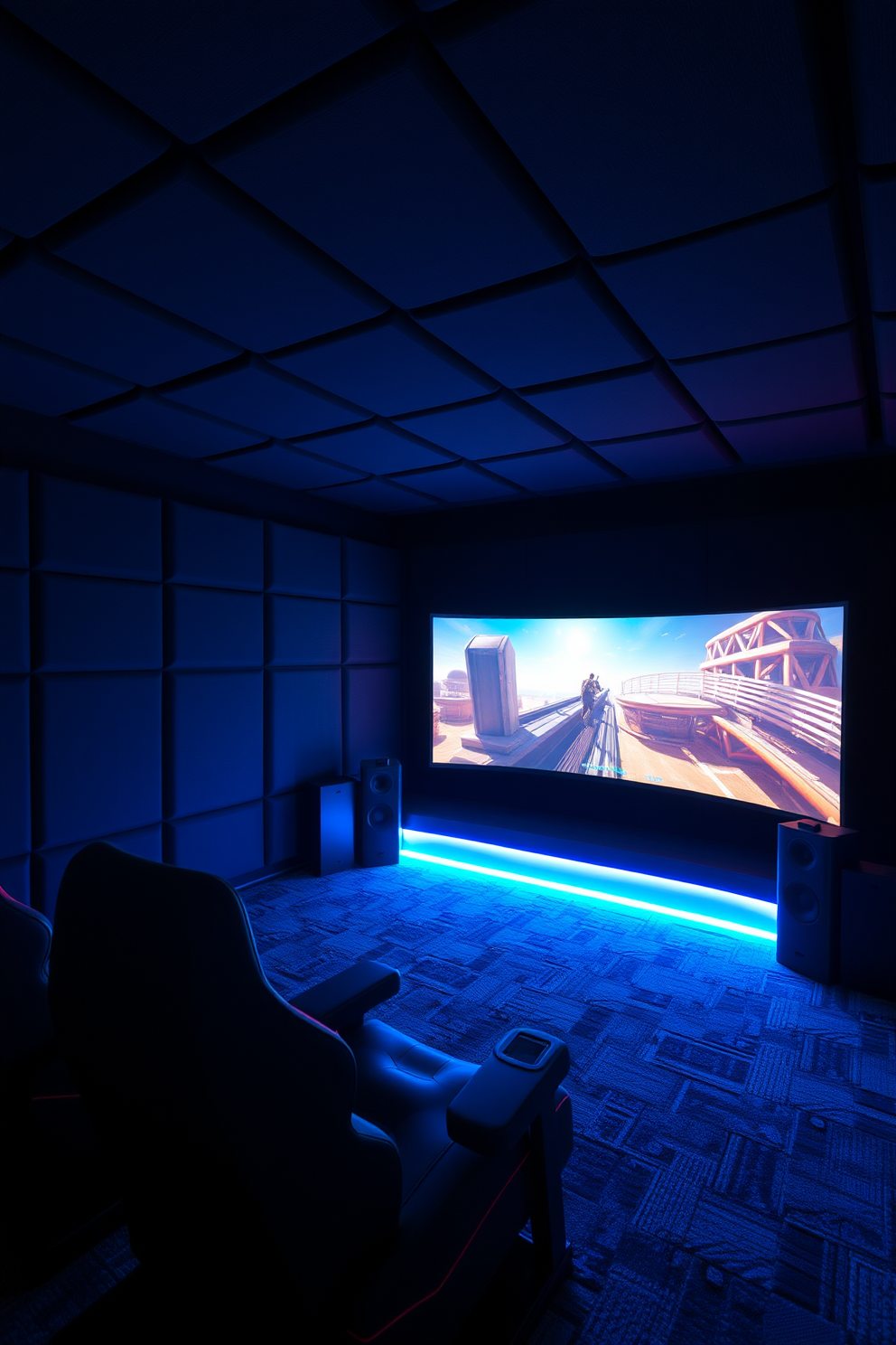 A video game room designed for an immersive experience features soundproofing panels on the walls to enhance audio quality. The room is equipped with a large curved screen, comfortable gaming chairs, and ambient LED lighting that adjusts to the gameplay.