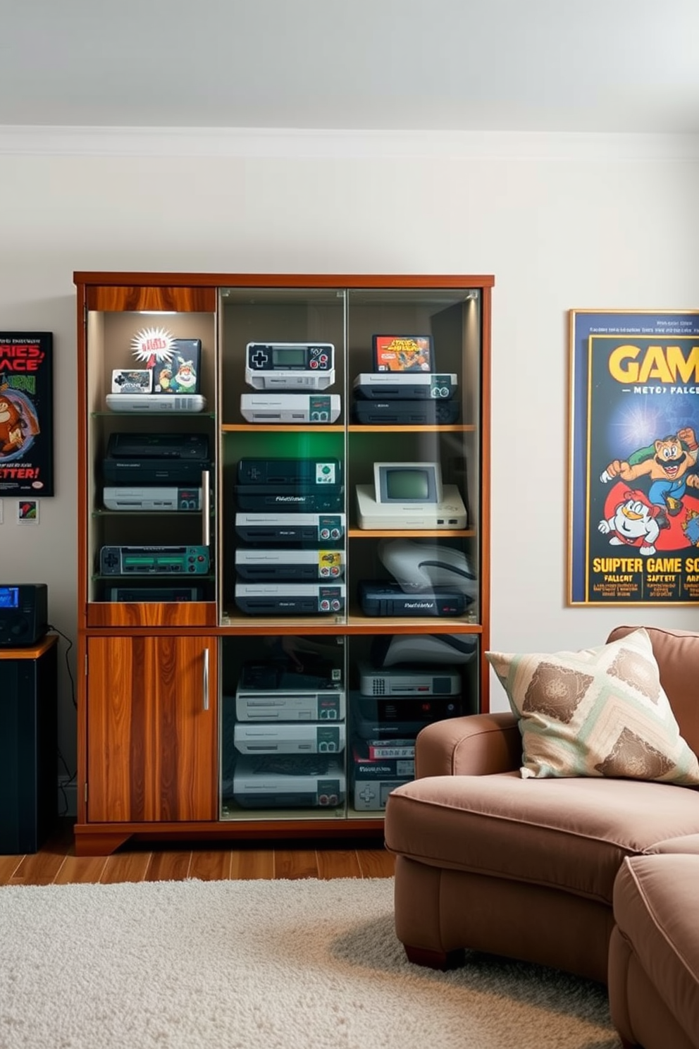 A vintage game console display cabinet stands proudly against the wall, showcasing an impressive collection of classic consoles and games. The cabinet features glass doors with wooden accents, allowing for easy viewing while keeping the items dust-free. The room is designed with a cozy gaming atmosphere, featuring plush seating and soft ambient lighting. Retro posters of iconic video games adorn the walls, creating a nostalgic vibe that invites hours of gaming enjoyment.