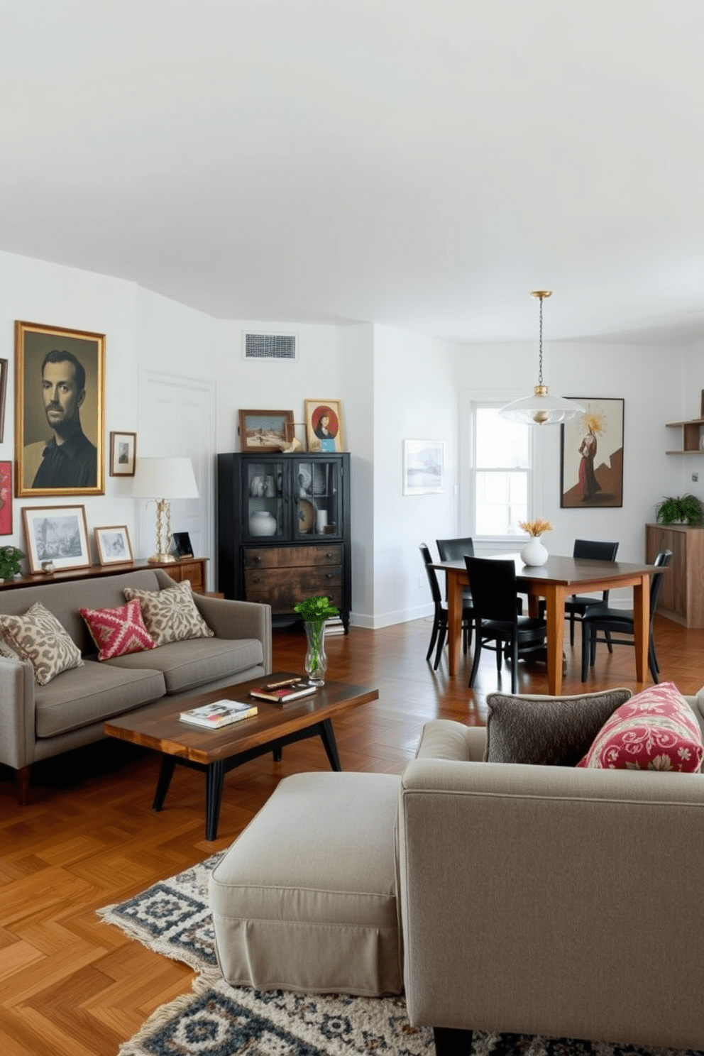 A vintage apartment that seamlessly blends modern and vintage furniture styles. The living room features a mid-century modern sofa paired with an antique coffee table, creating a striking contrast. In the dining area, a rustic farmhouse table is surrounded by sleek, contemporary chairs. The walls are adorned with eclectic art pieces that reflect both eras, enhancing the overall character of the space.