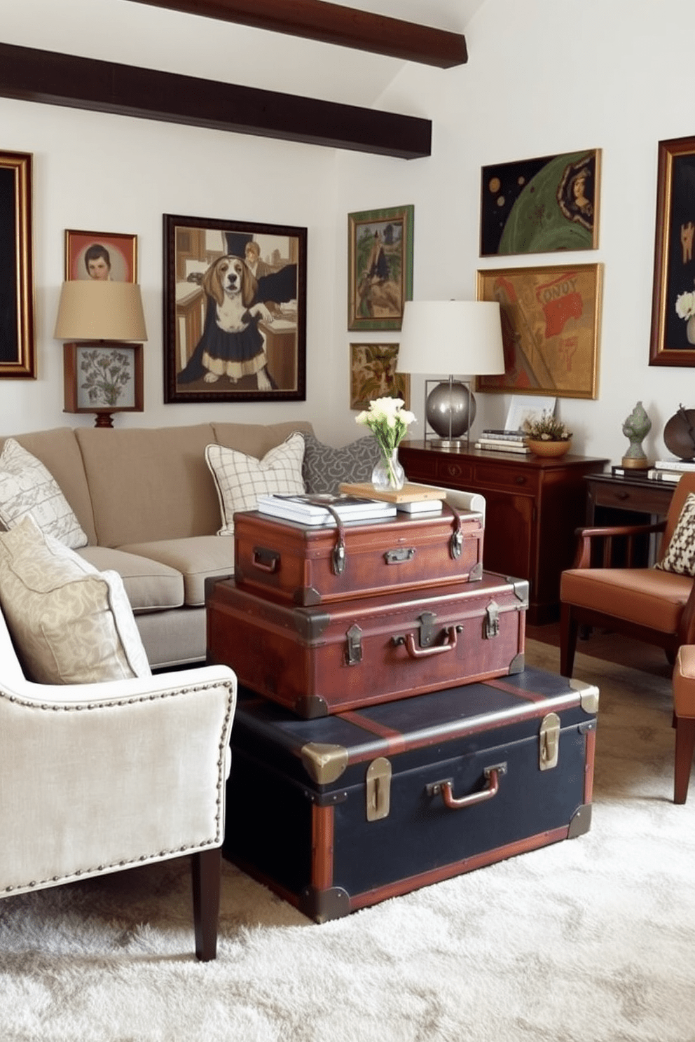 A cozy living room featuring vintage trunks as coffee tables. The trunks are stacked in the center of the room, serving as both functional storage and unique decor. Surrounding the trunks are a plush sofa and a pair of mid-century armchairs. The walls are adorned with eclectic artwork and the floor is covered with a soft area rug that adds warmth to the space.