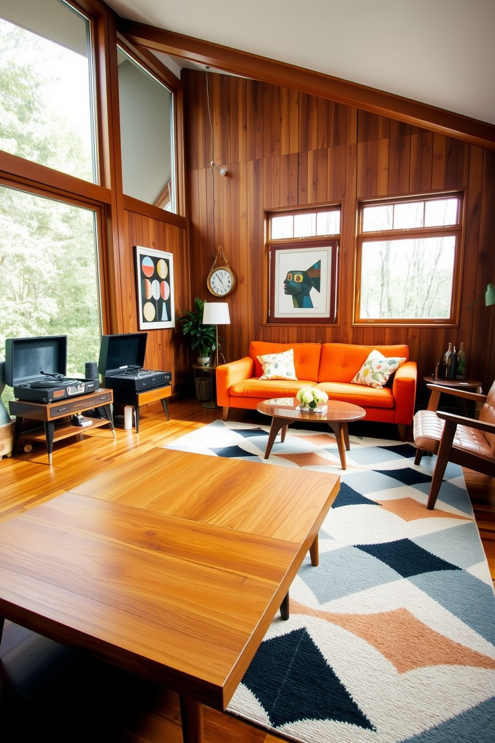 A stylish living room featuring classic mid-century modern furniture. The space includes a sleek wooden coffee table, a vibrant orange sectional sofa, and a geometric area rug that ties the room together. The walls are adorned with abstract art pieces and a vintage record player sits in the corner. Large windows allow natural light to flood the room, highlighting the warm wood tones and inviting atmosphere.