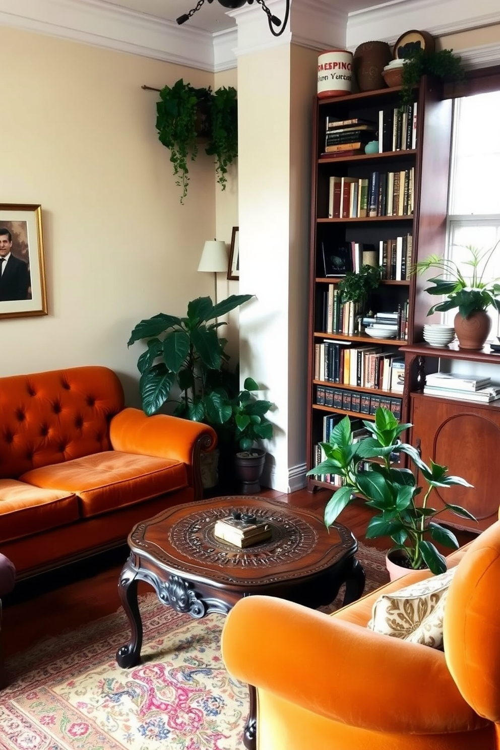 A charming vintage apartment setting filled with character. The living room features a plush, tufted sofa in a warm color, complemented by a vintage coffee table with intricate carvings. In one corner, a tall bookshelf is filled with eclectic books and decorative items. Potted plants in vintage pots are strategically placed to bring a touch of greenery and life to the space.