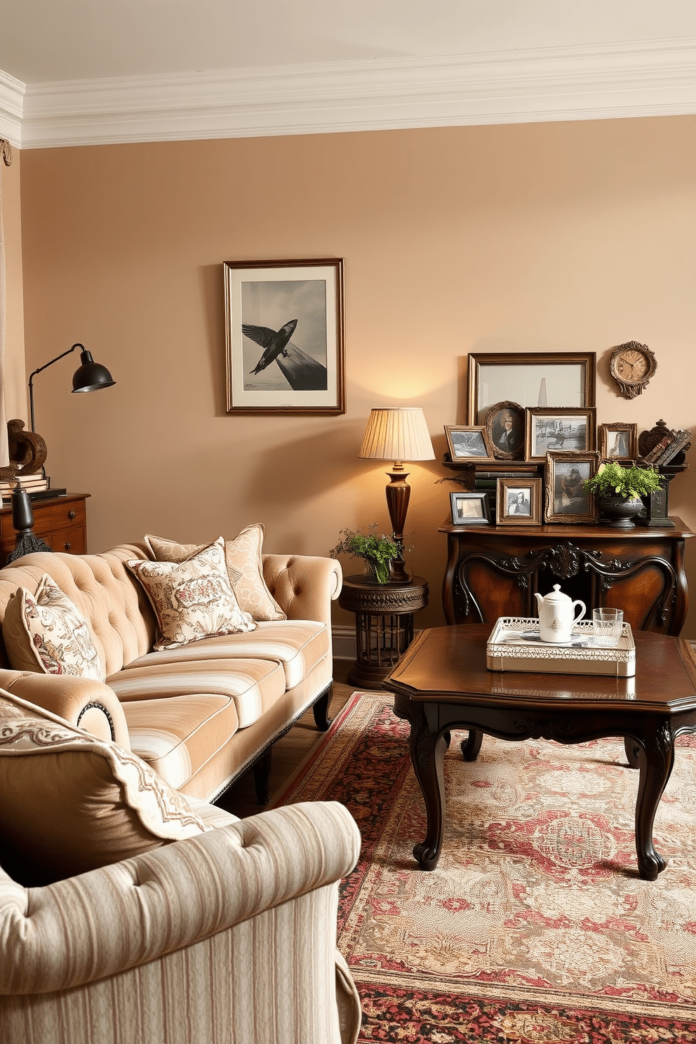 Choose soft sepia hues for the walls to create a warm and inviting atmosphere. Incorporate vintage furniture pieces such as a tufted velvet sofa and an ornate wooden coffee table to enhance the charm of the space. Add decorative elements like antique picture frames and a retro floor lamp to complement the vintage aesthetic. Layer the room with textured fabrics and patterned rugs to add depth and comfort to the design.