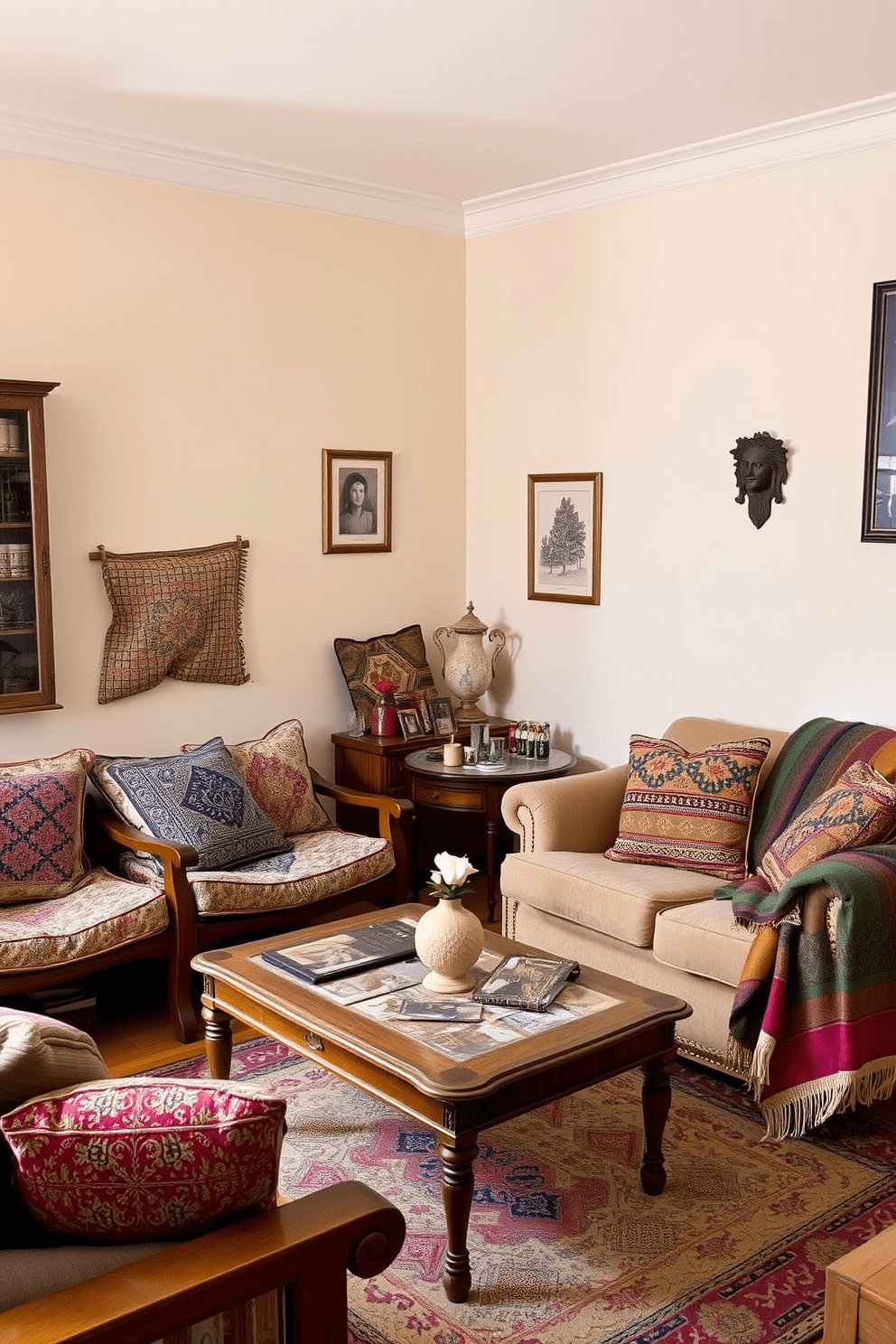 A cozy living room in a vintage apartment featuring cushions adorned with intricate vintage textiles. The walls are painted in soft pastel hues, complementing the warm tones of the wooden furniture and the rich patterns of the cushions. In the corner, a plush armchair is draped with a colorful throw, inviting relaxation. A vintage coffee table sits in the center, surrounded by an eclectic mix of decor that highlights the unique character of the space.