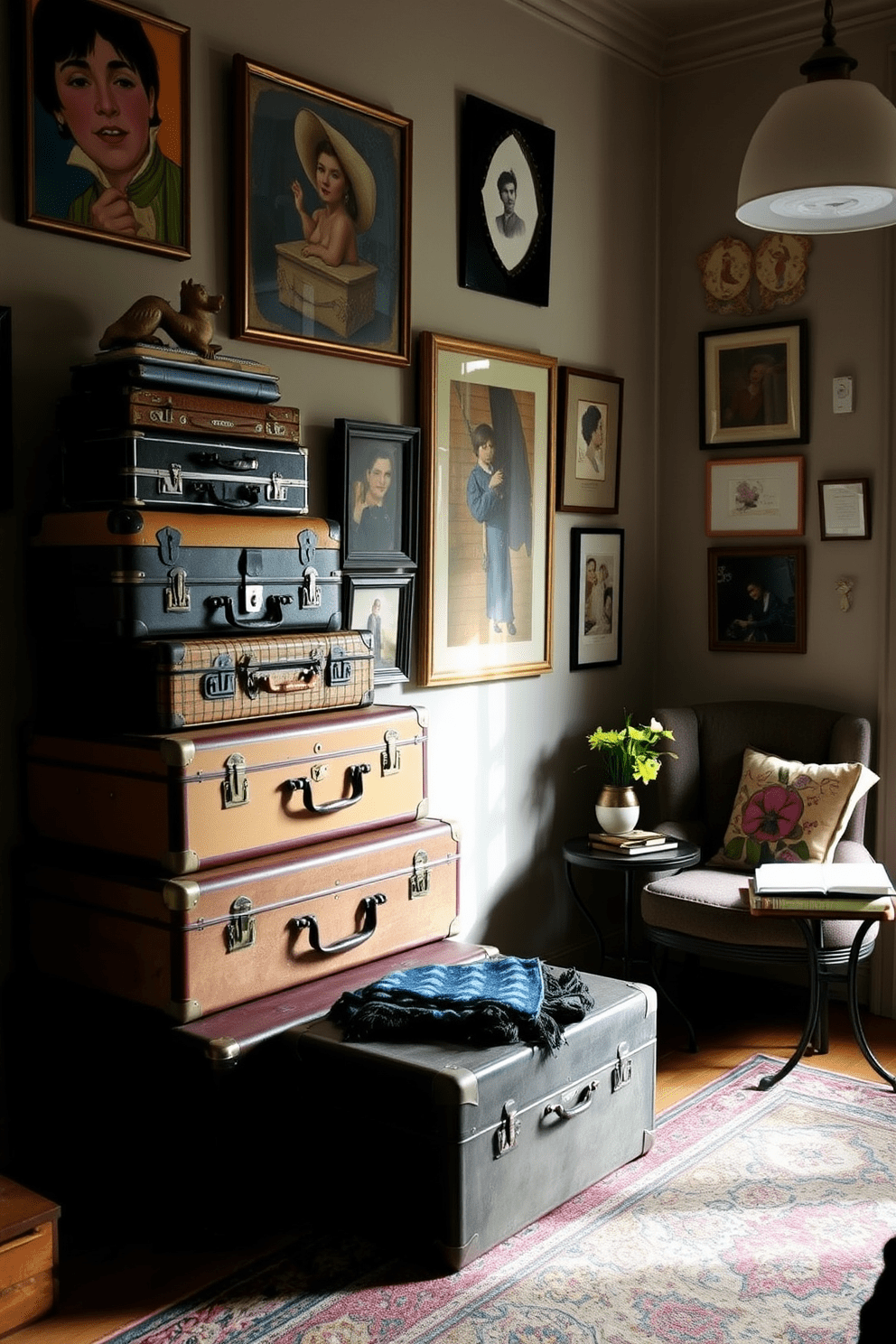 A charming vintage apartment filled with character. Stacked vintage suitcases serve as unique storage solutions, adding a touch of nostalgia to the space. The walls are adorned with eclectic artwork that reflects personal style. A cozy reading nook features a comfortable armchair and a small side table, inviting relaxation.