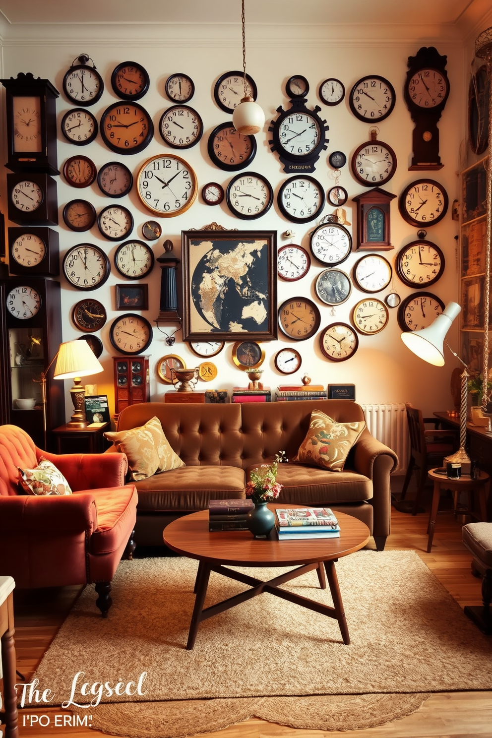 A vintage apartment design featuring an eclectic mix of furniture and decor. The walls are adorned with an array of vintage clocks in various sizes and styles, adding character and charm to the space. The living area includes a plush velvet sofa paired with a mid-century modern coffee table. Warm, ambient lighting from antique floor lamps creates a cozy atmosphere throughout the apartment.