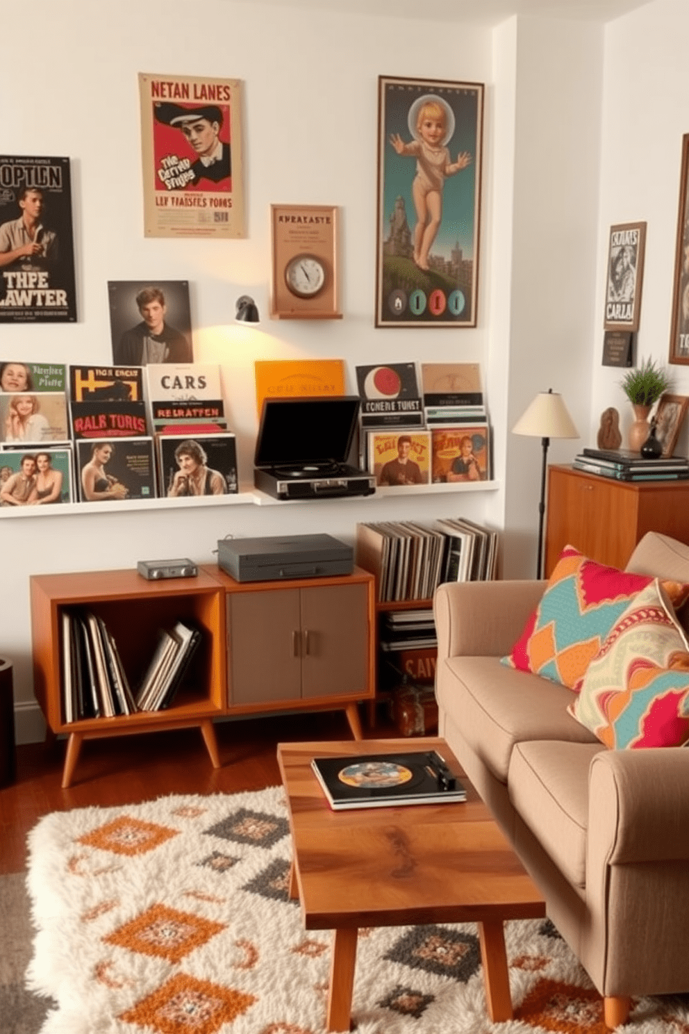 A cozy vintage apartment featuring a retro record player setup in the living room. The record player sits on a mid-century modern console table, surrounded by an eclectic collection of vinyl records displayed on open shelves. The walls are adorned with vintage posters and warm-toned artwork, creating a nostalgic atmosphere. A plush, patterned area rug lies beneath a comfortable sofa, complemented by colorful throw pillows and a small coffee table made of reclaimed wood.