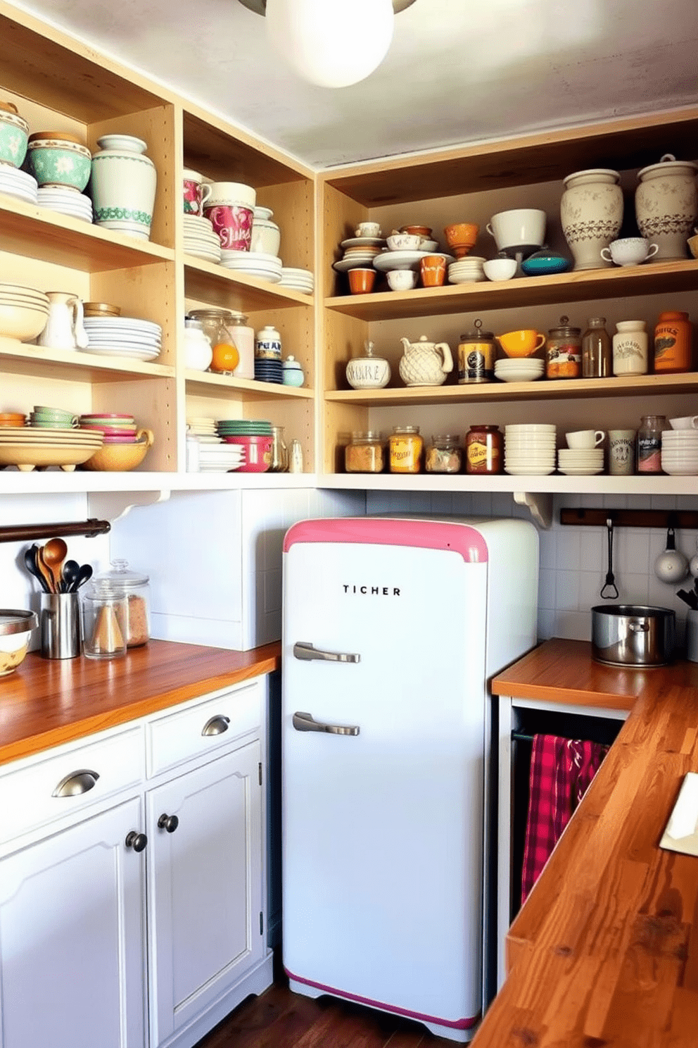 A charming vintage-inspired kitchen filled with character. Open shelving displays an array of colorful ceramic dishes and antique glass jars, creating a warm and inviting atmosphere. The cabinets are painted in a soft pastel hue, complementing the rustic wooden countertops. A retro-style refrigerator stands proudly in the corner, adding a touch of nostalgia to the space.