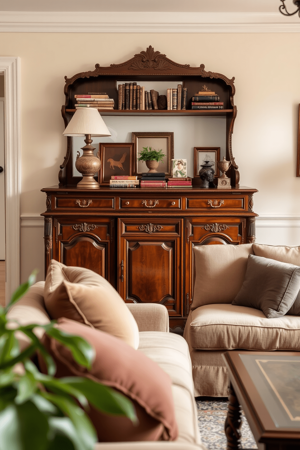 A charming vintage apartment living room features a beautifully restored sideboard made of rich mahogany, showcasing intricate carvings and brass hardware. The sideboard is adorned with an array of decorative items, including a vintage lamp, a collection of books, and a small potted plant, adding character to the space. The walls are painted in a soft cream color, enhancing the warmth of the wooden furniture. Plush seating in muted tones complements the vintage aesthetic, while a patterned area rug anchors the room and adds texture underfoot.