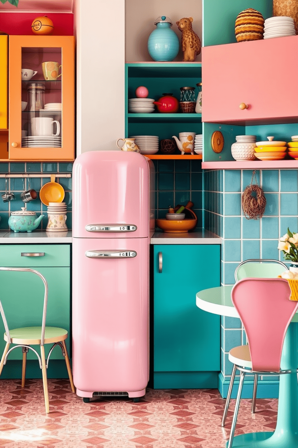 A retro-style fridge stands out in a vibrant kitchen filled with cheerful colors and playful patterns. The fridge features rounded edges and a glossy finish, complementing the eclectic decor of the vintage apartment. Surrounding the fridge, colorful cabinets and open shelving display an array of quirky kitchenware and retro accessories. A cozy breakfast nook with a round table and mismatched chairs invites casual dining and conversation.