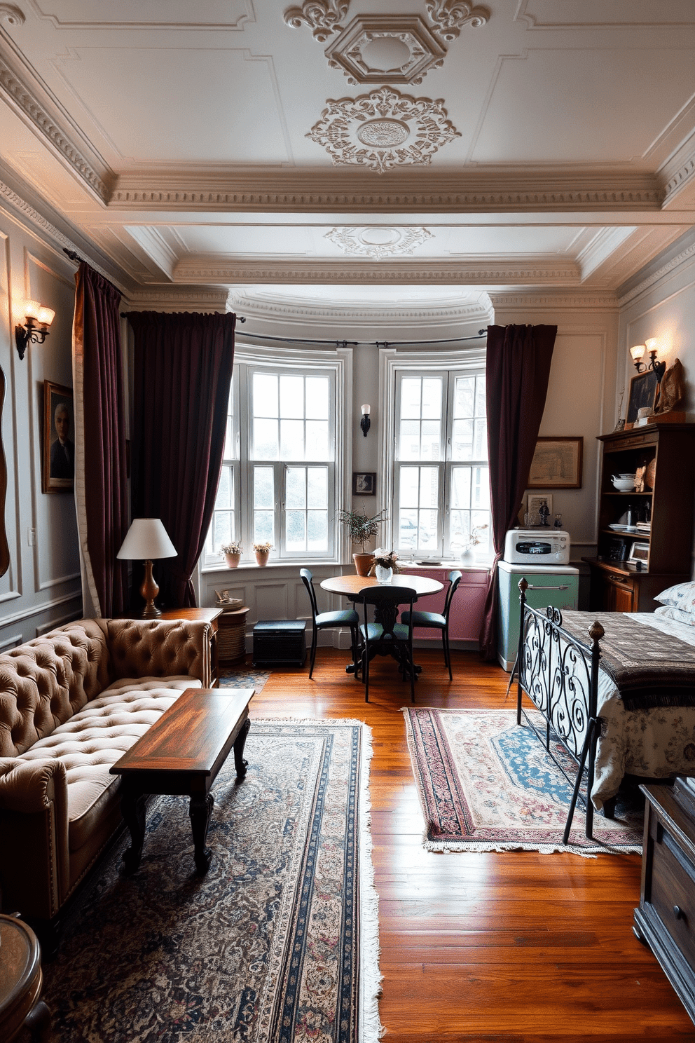 A charming vintage apartment filled with character. The living room features high ceilings with ornate moldings and large windows draped with heavy velvet curtains. In one corner, a plush, tufted sofa is paired with a rustic wooden coffee table. Old-fashioned light switches are mounted on the walls, adding a touch of nostalgia to the space. The kitchen showcases retro appliances in pastel colors and a farmhouse sink. A cozy breakfast nook with a round table and mismatched chairs invites leisurely meals. The bedroom is adorned with a wrought iron bed frame and soft, floral bedding. Vintage wall sconces provide warm lighting, enhancing the room's inviting atmosphere. Rich hardwood floors run throughout the apartment, complemented by an eclectic mix of rugs. Decorative elements include framed vintage posters and a collection of antique trinkets displayed on shelves.