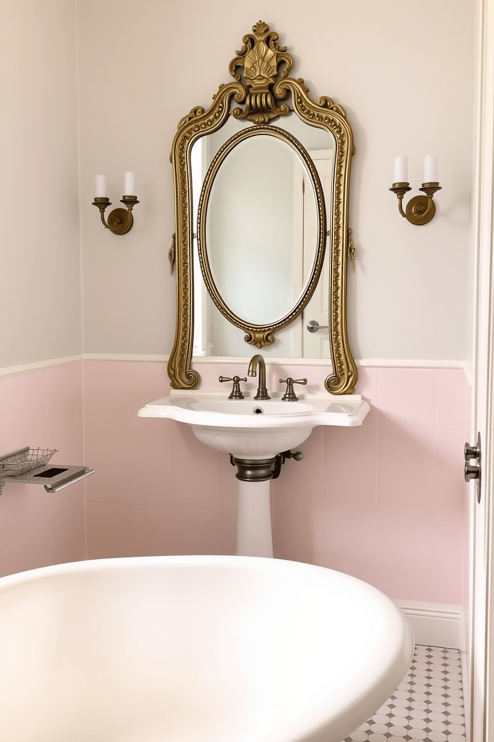 A vintage-inspired bathroom featuring elegant fixtures with a classic design. The space includes a freestanding clawfoot tub and a pedestal sink with intricate detailing. The walls are adorned with soft pastel tiles, creating a serene atmosphere. An antique mirror with a decorative frame hangs above the sink, complemented by brass sconces on either side.