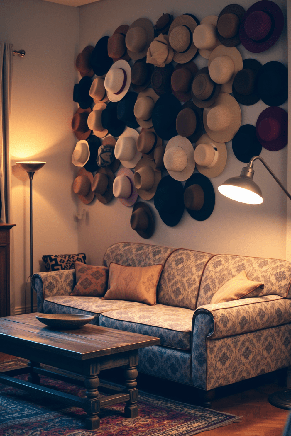 A cozy vintage apartment setting. The walls are adorned with an eclectic mix of vintage hats, creating a unique and charming wall decor feature. The living area features a plush, patterned sofa paired with a rustic wooden coffee table. Soft, warm lighting from a vintage floor lamp enhances the inviting atmosphere.