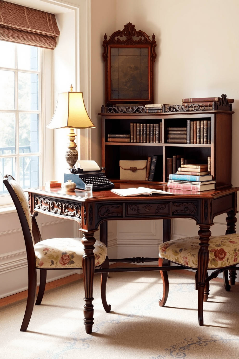 A vintage apartment workspace featuring a charming wooden writing desk with intricate carvings and a rich mahogany finish. The desk is adorned with a classic brass lamp, an antique typewriter, and a stack of leather-bound books, creating an inviting atmosphere for creativity. The walls are painted in a soft pastel hue, complementing the warm tones of the desk. A plush armchair with a floral upholstery sits beside the desk, and a large window allows natural light to flood the room, highlighting the vintage decor.