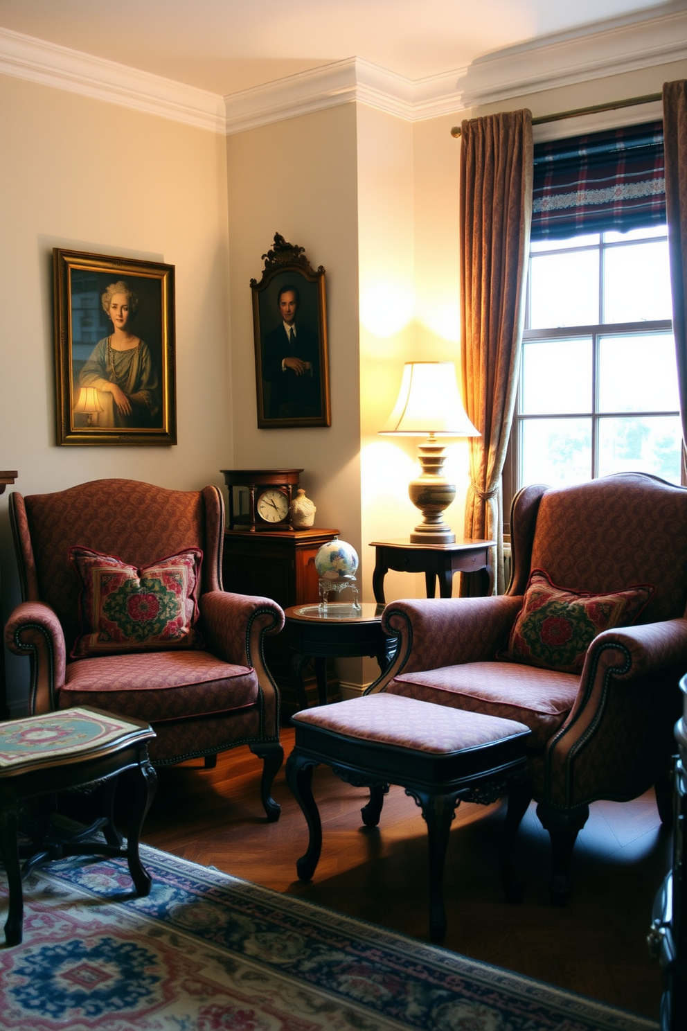 Classic upholstered armchairs in a warm fabric create a cozy seating area in a vintage apartment. The rich colors and intricate patterns of the upholstery complement the eclectic decor, adding a touch of elegance. Surround the armchairs with a mix of antique side tables and a vintage rug to enhance the charm. Soft lighting from a nearby floor lamp casts a warm glow, inviting relaxation and conversation.