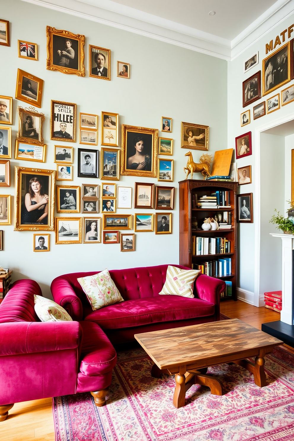 A charming vintage apartment filled with character. The walls are adorned with an eclectic collection of vintage postcards, each framed in ornate gold frames. The living area features a plush velvet sofa in deep burgundy, complemented by a rustic wooden coffee table. A patterned area rug anchors the space, while a tall bookshelf filled with books and trinkets adds a personal touch.