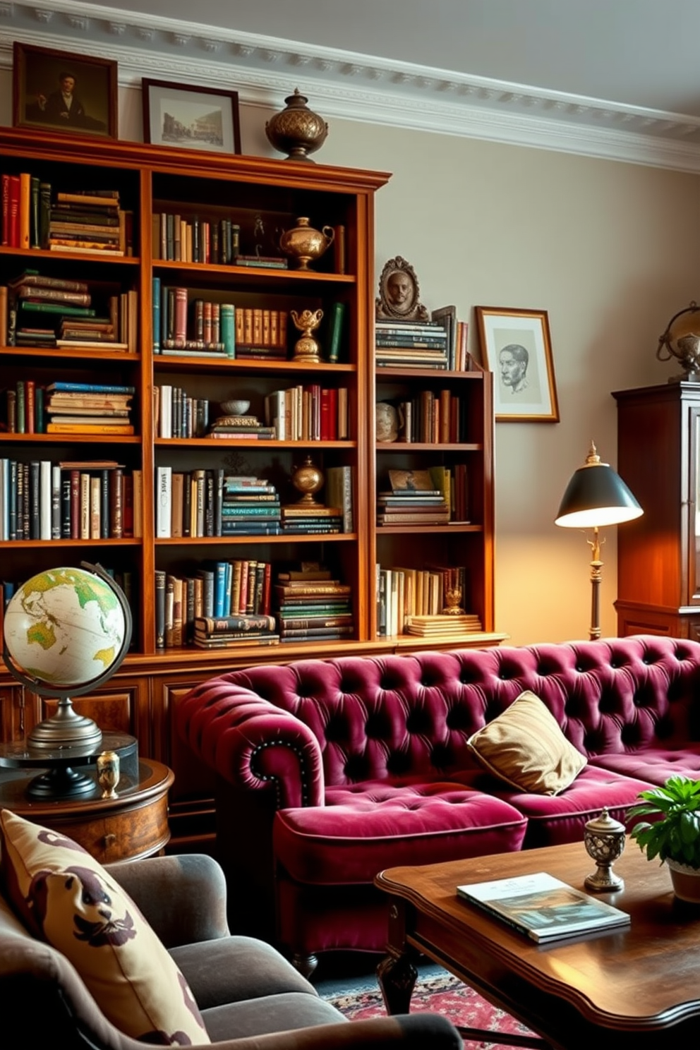 A vintage apartment setting that exudes charm and character. The focal point is a beautifully restored wooden bookshelf filled with eclectic books and decorative items, complemented by a vintage globe perched on a side table. The living area features a plush velvet sofa in a rich jewel tone, paired with an antique coffee table. Soft, ambient lighting from a stylish floor lamp creates a warm and inviting atmosphere, enhancing the overall vintage aesthetic.