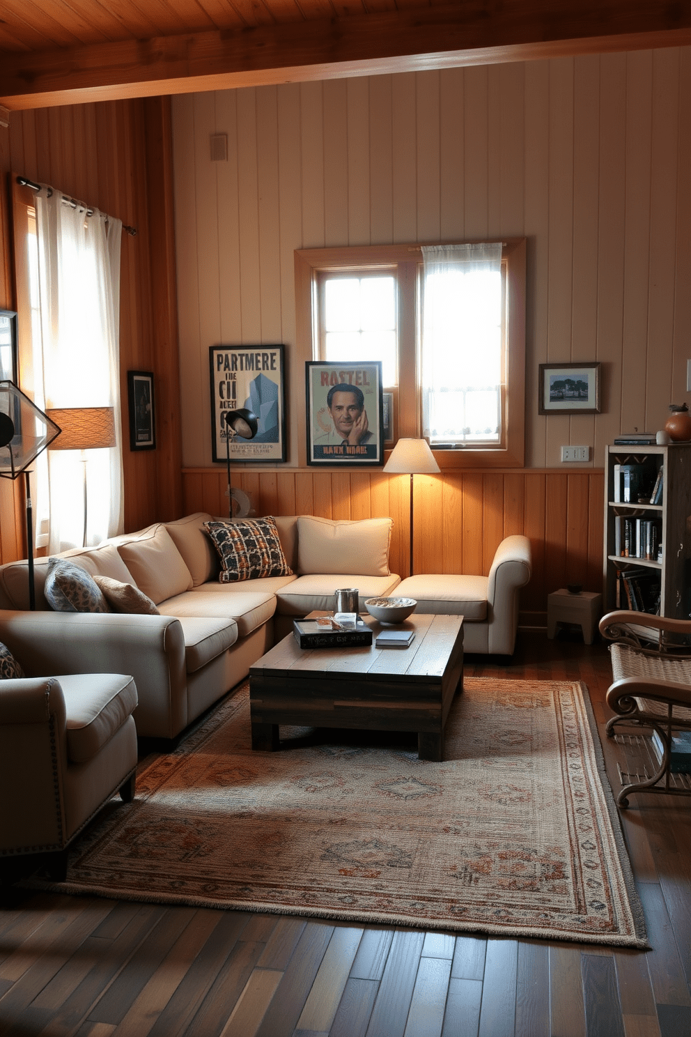 A cozy living room filled with warm wood tones that create an inviting atmosphere. The space features a plush sectional sofa in a neutral fabric, complemented by a reclaimed wood coffee table and a vintage armchair. The walls are adorned with framed vintage posters, adding character to the room. A large area rug with earthy tones anchors the seating area, while soft lighting from a stylish floor lamp enhances the warm ambiance. In the corner, a small bookshelf made of distressed wood showcases an assortment of books and decorative items. The window treatments are light and airy, allowing natural light to filter in and brighten the space.