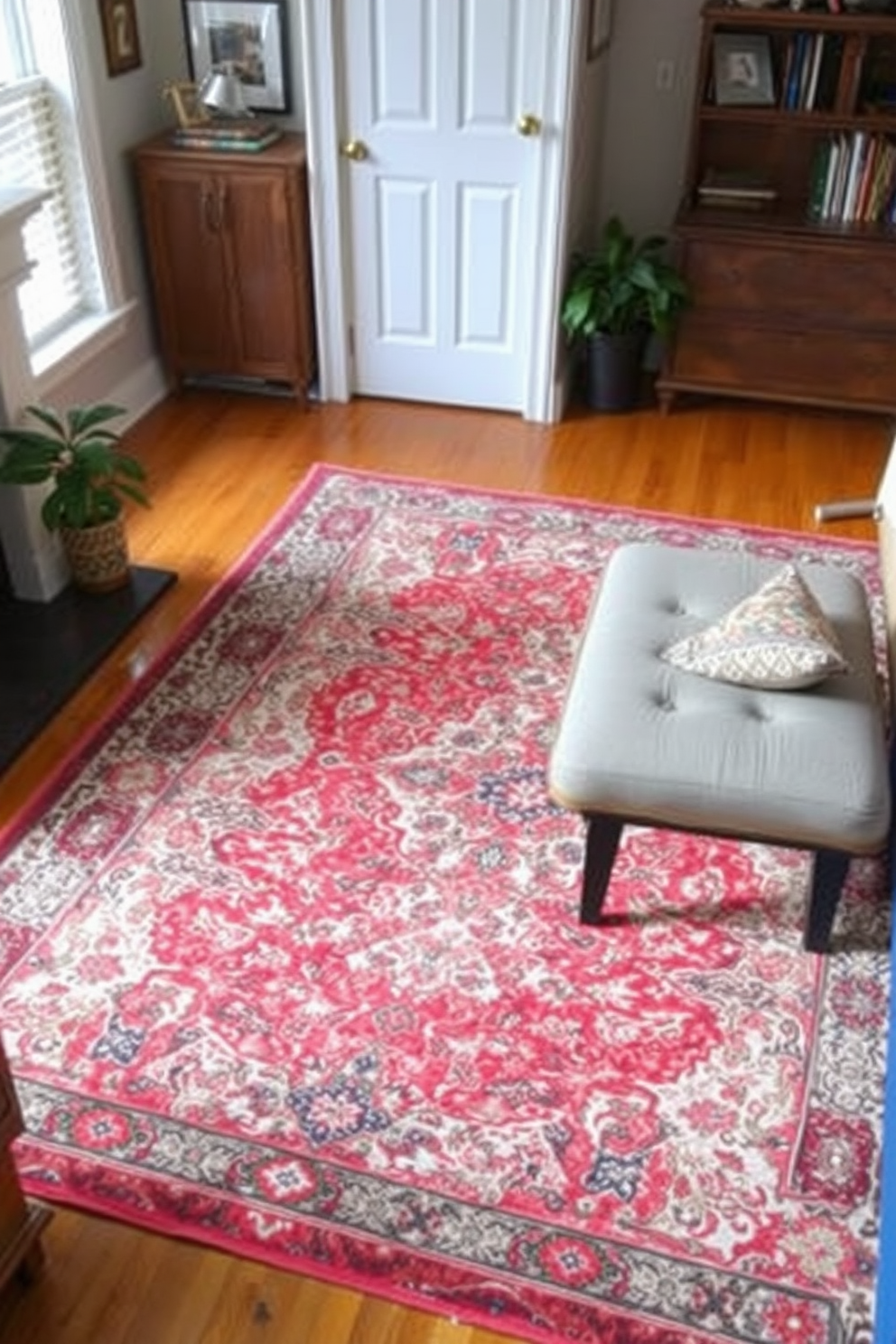 A vintage-style area rug with intricate patterns and rich colors adds warmth and character to the space. The rug complements the hardwood floors and enhances the overall vintage aesthetic of the apartment design.