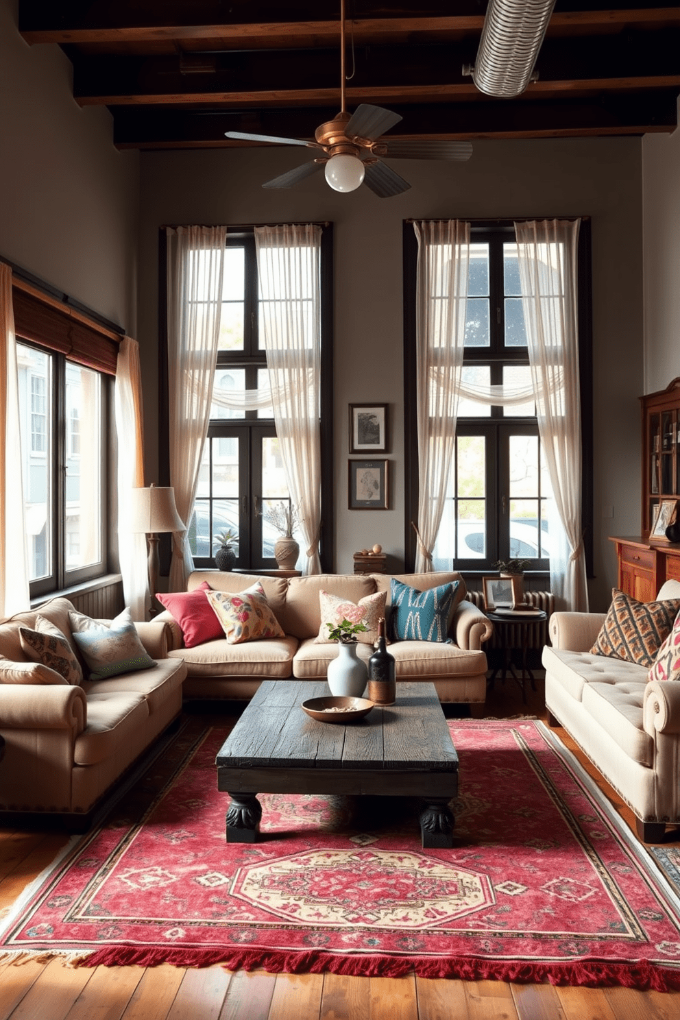 A charming vintage apartment setting. The living room features a plush sofa adorned with colorful throw pillows, complemented by patterned vintage rugs that add texture and warmth to the space. Large windows draped with sheer curtains allow natural light to flood the room. A rustic coffee table sits in the center, surrounded by eclectic decor pieces that reflect a blend of styles.