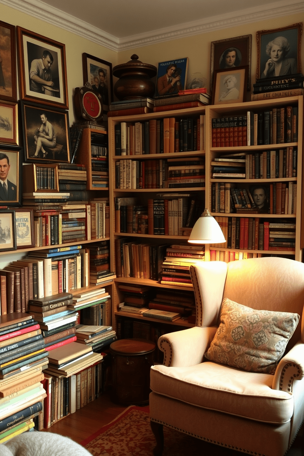 A cozy vintage apartment filled with character. The walls are adorned with eclectic art, and the shelves are lined with an array of vintage books in various sizes and colors. Soft, warm lighting creates an inviting atmosphere. A plush armchair sits nearby, inviting you to curl up with a good read surrounded by the charm of the past.