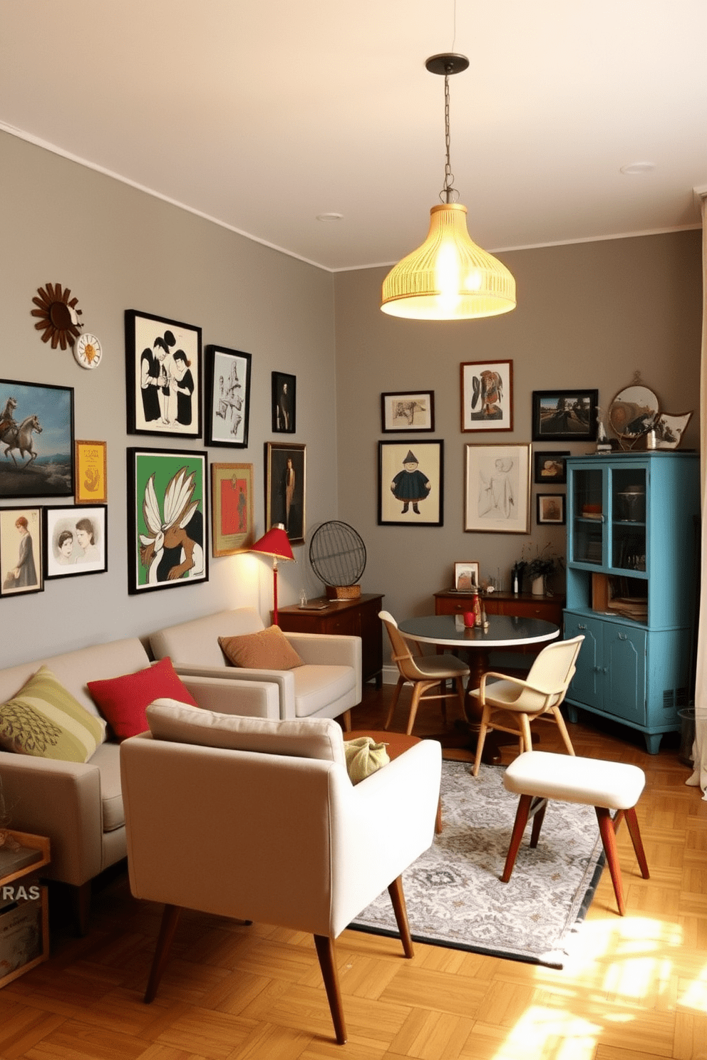 A vintage apartment design featuring retro light fixtures that add a touch of charm. The living area showcases a cozy seating arrangement with a patterned area rug and mid-century furniture. The walls are adorned with eclectic art pieces that reflect a nostalgic aesthetic. A small dining nook is illuminated by a unique pendant light, enhancing the inviting atmosphere of the space.