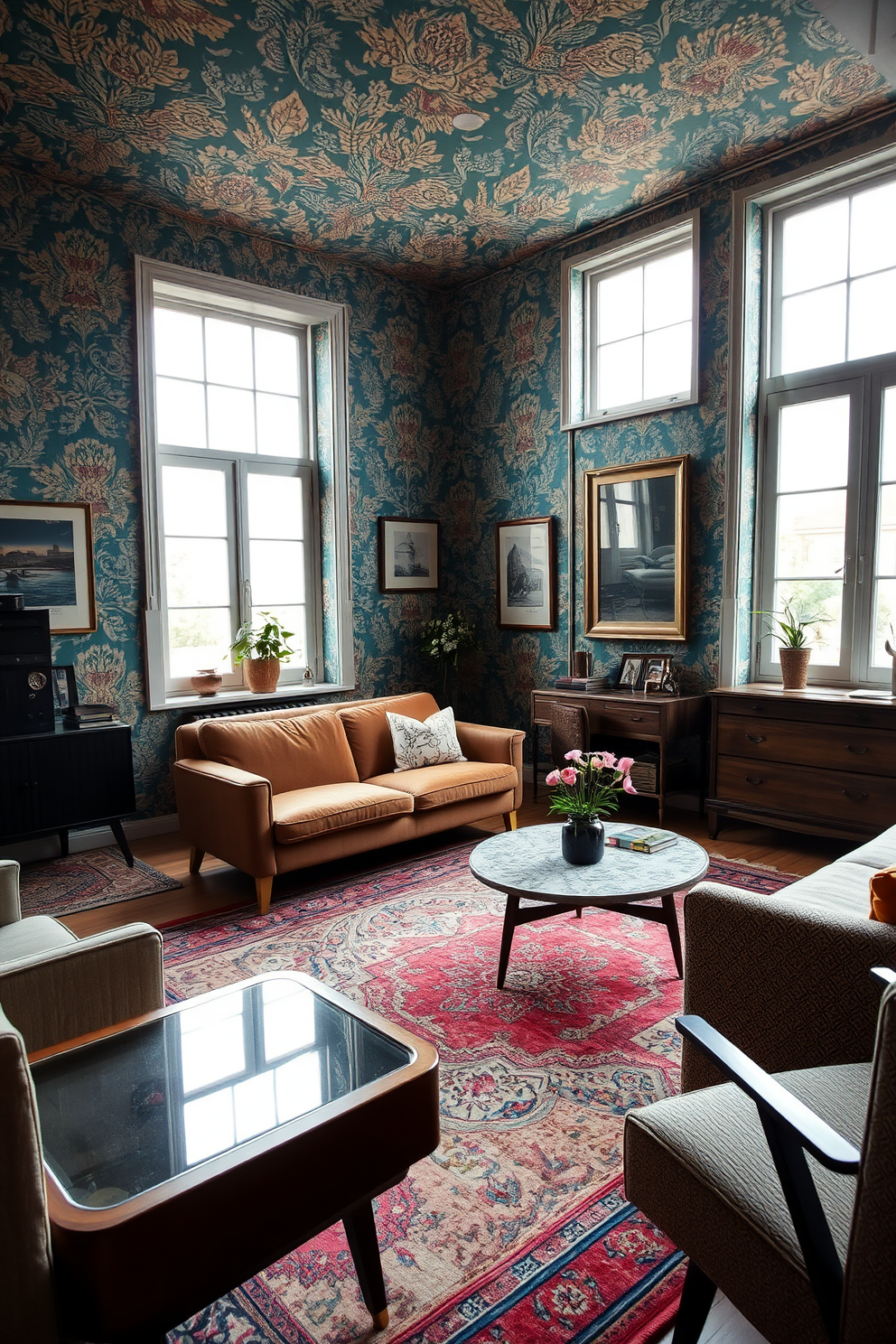 A vintage apartment living room featuring bold wallpaper adorned with intricate vintage patterns. The room is filled with mid-century furniture pieces, including a plush velvet sofa and a retro coffee table, creating a cozy yet stylish atmosphere. Large windows allow natural light to flood the space, highlighting the rich colors of the wallpaper. Decorative elements like a vintage rug and framed artwork add personality and charm to the overall design.