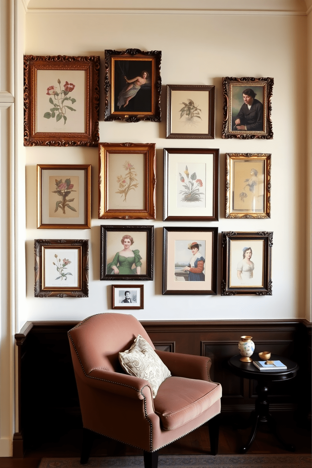 Create a gallery wall featuring an eclectic mix of vintage art pieces in ornate frames. The wall is painted in a soft cream color to enhance the richness of the artwork, with a cozy reading nook below adorned with a plush armchair and a small side table. Incorporate various styles of vintage art, including botanical prints, classic portraits, and abstract pieces. The arrangement should be asymmetrical yet balanced, creating a dynamic visual interest that invites conversation and admiration.