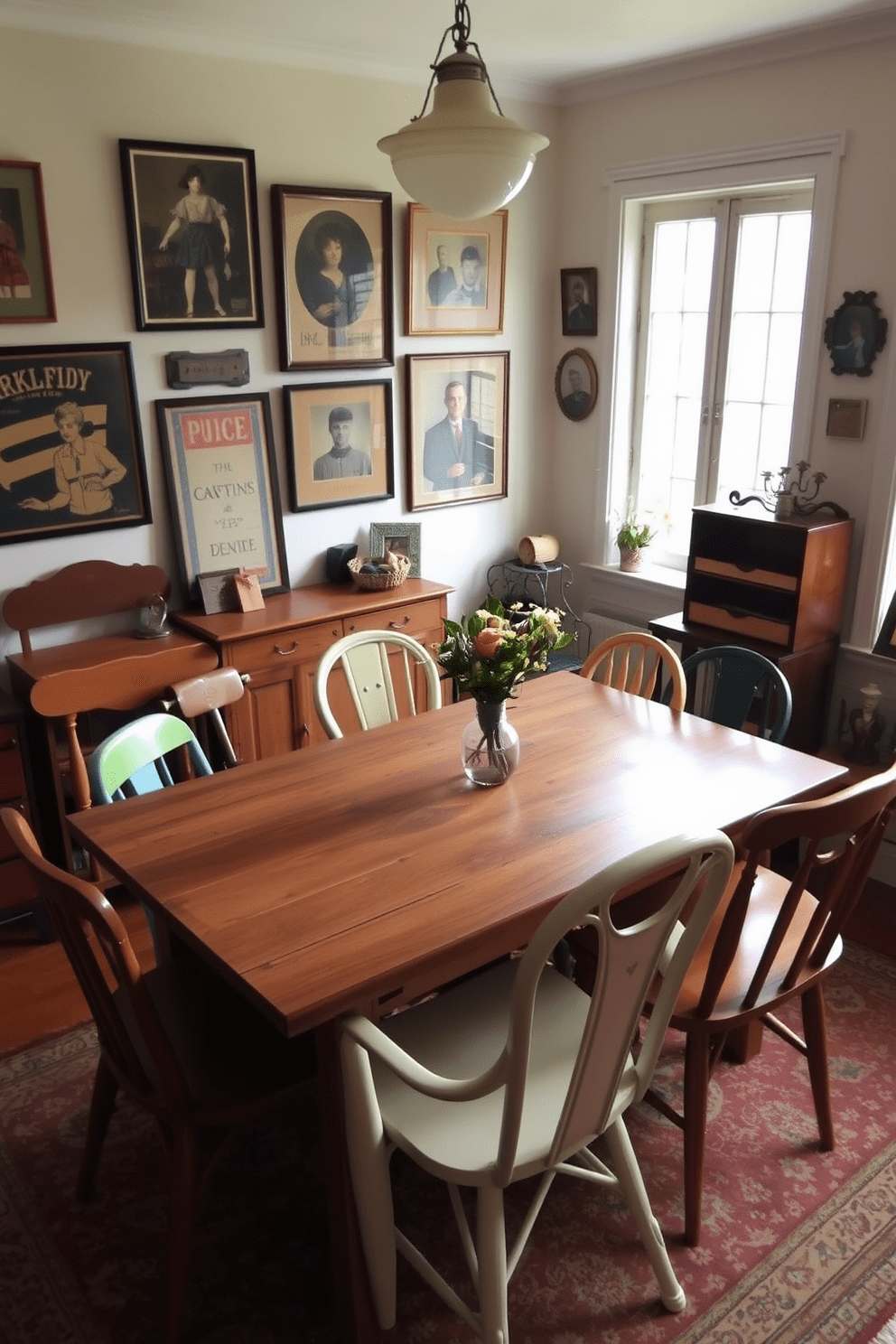 A charming dining area featuring a rustic wooden table surrounded by an eclectic mix of mismatched dining chairs. The chairs vary in color and style, creating a warm and inviting atmosphere that reflects a vintage apartment aesthetic. The walls are adorned with vintage artwork, and a large window lets in natural light, enhancing the cozy vibe. A patterned area rug lies beneath the table, adding texture and warmth to the space.