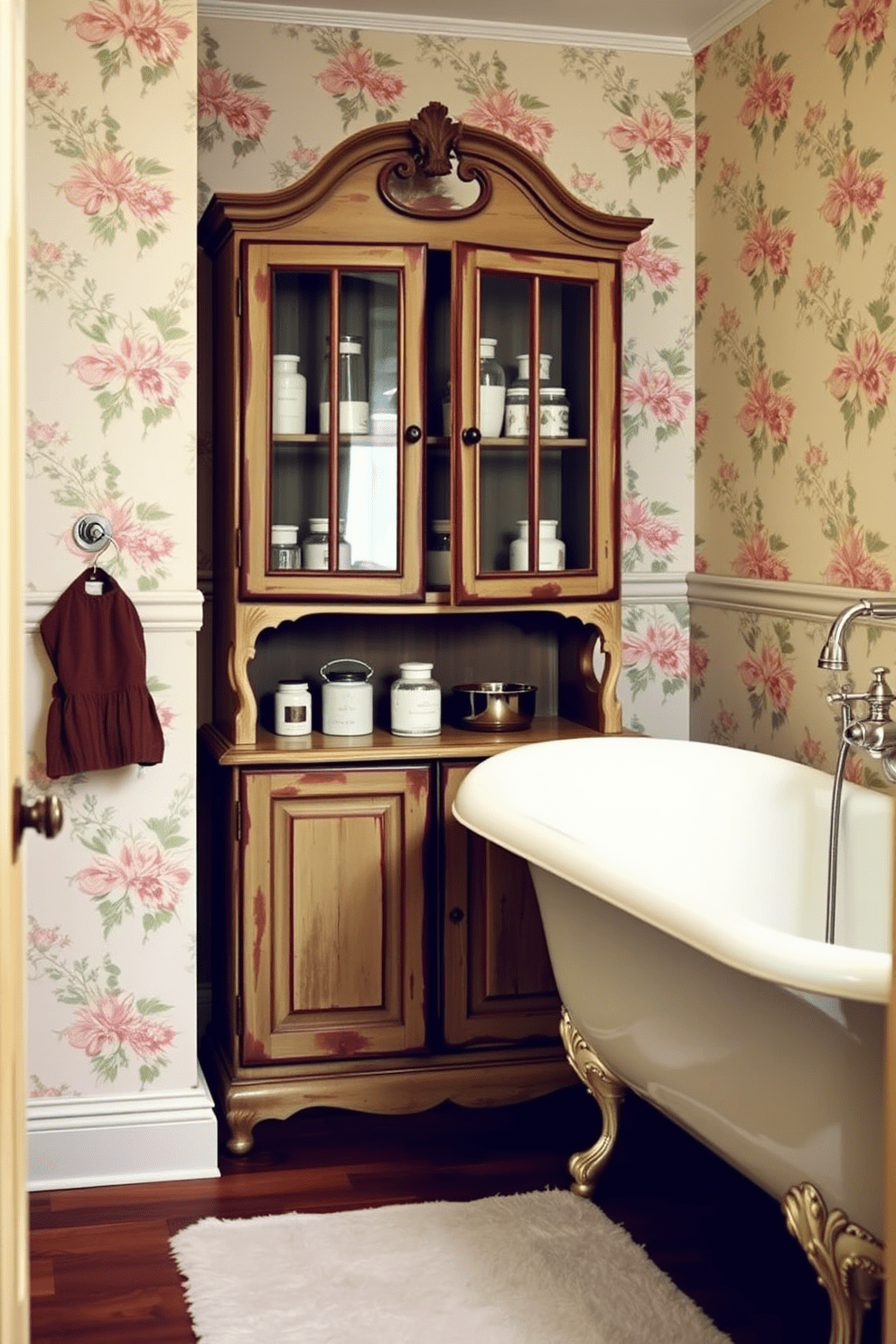 An old-fashioned medicine cabinet with glass doors is the focal point of this vintage bathroom. The cabinet is framed in distressed wood, showcasing neatly arranged vintage apothecary jars and delicate porcelain containers. The walls are adorned with floral wallpaper in soft pastel hues, creating a charming and inviting atmosphere. A freestanding clawfoot bathtub sits elegantly in the corner, complemented by a vintage-style faucet and a plush area rug.