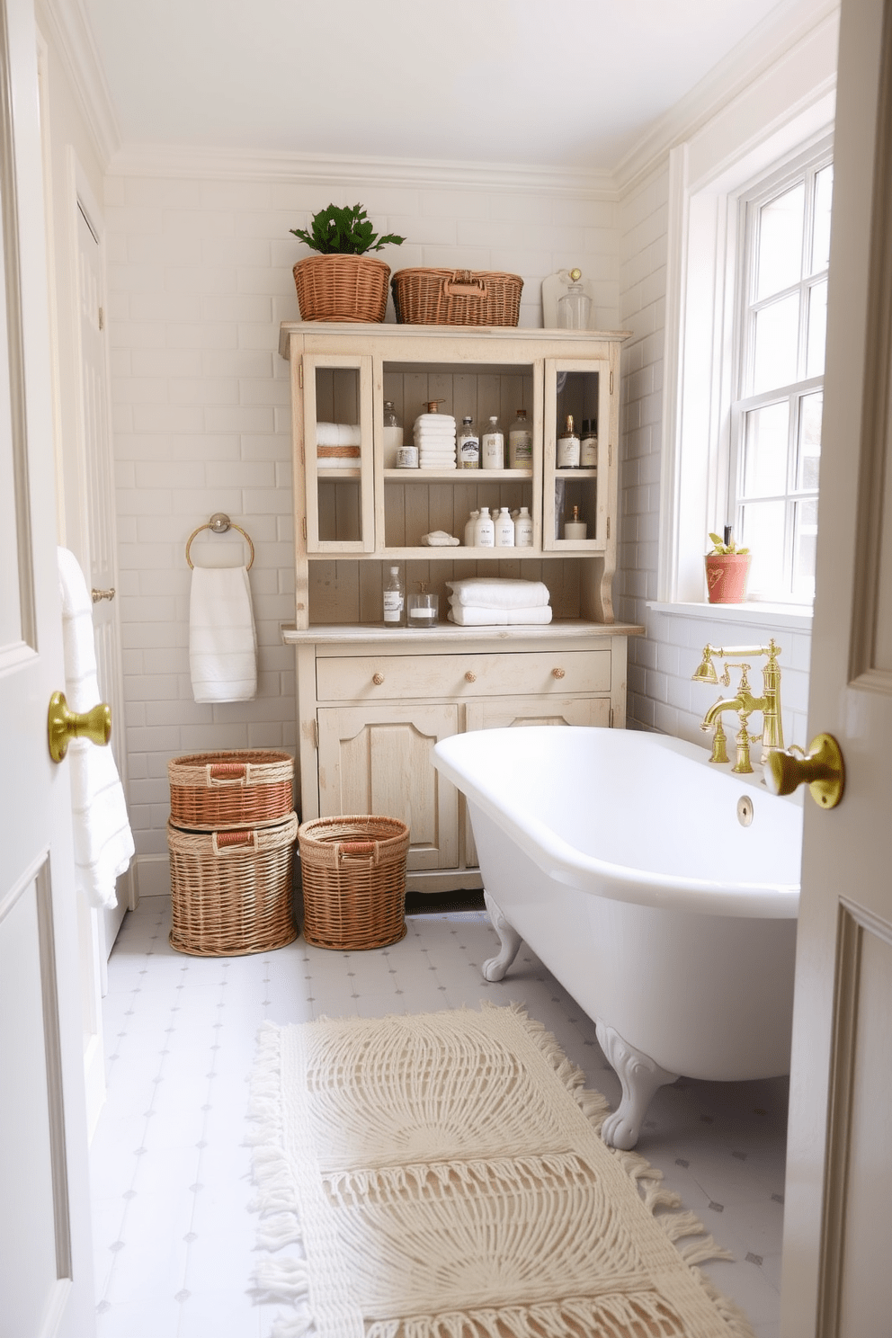 Chic wicker baskets are thoughtfully arranged for towel storage, adding a touch of warmth and texture to the vintage bathroom. The space features an elegant clawfoot bathtub, complemented by antique brass fixtures and a large window that invites natural light. The walls are adorned with classic white subway tiles, while a distressed wooden cabinet holds an assortment of vintage toiletries. A soft, pastel color palette enhances the nostalgic feel, and a plush area rug adds comfort underfoot.