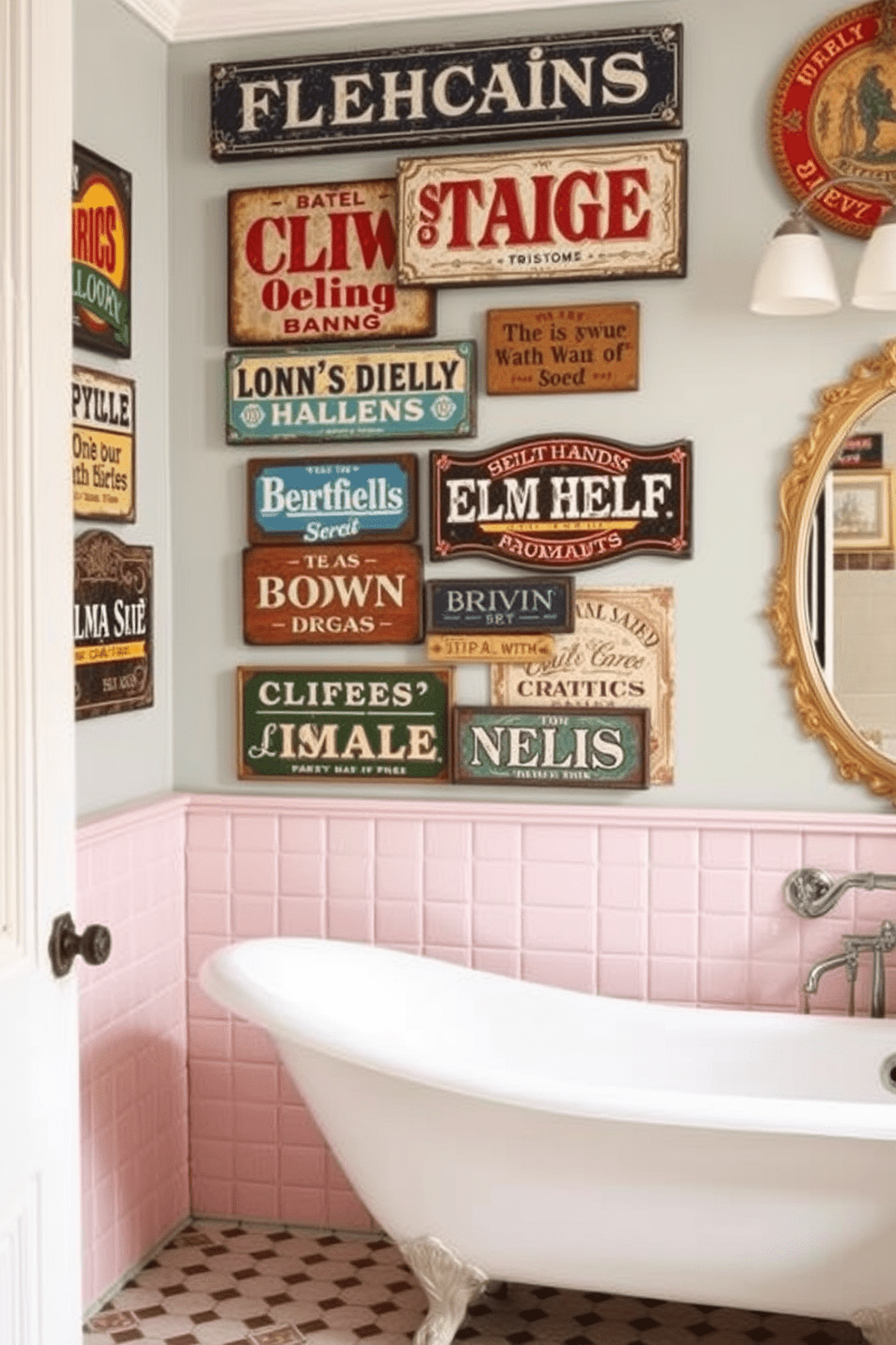 Decorative vintage signs for wall decor. The signs feature nostalgic typography and colorful graphics that evoke a sense of charm and history. Vintage bathroom design ideas. The space is adorned with clawfoot tubs, antique vanities, and pastel-colored tiles that create a timeless and inviting atmosphere.