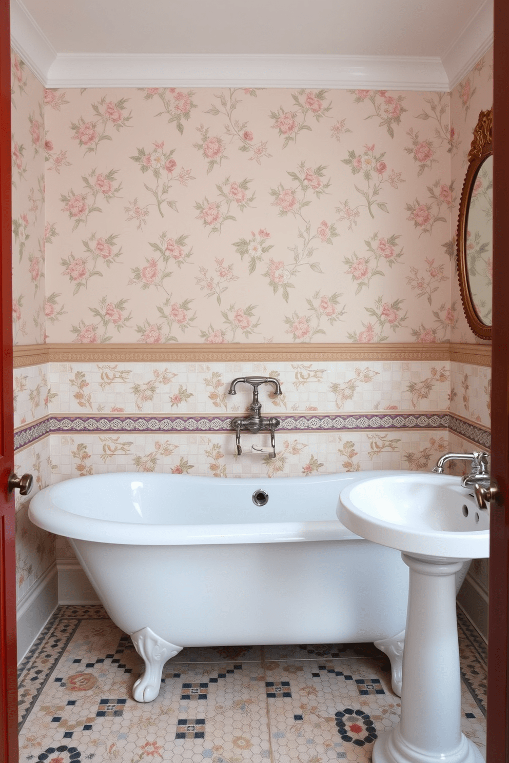 A vintage bathroom setting featuring a freestanding bathtub surrounded by beautiful mosaic tile accents. The walls are adorned with delicate floral wallpaper, and a classic pedestal sink complements the overall design.