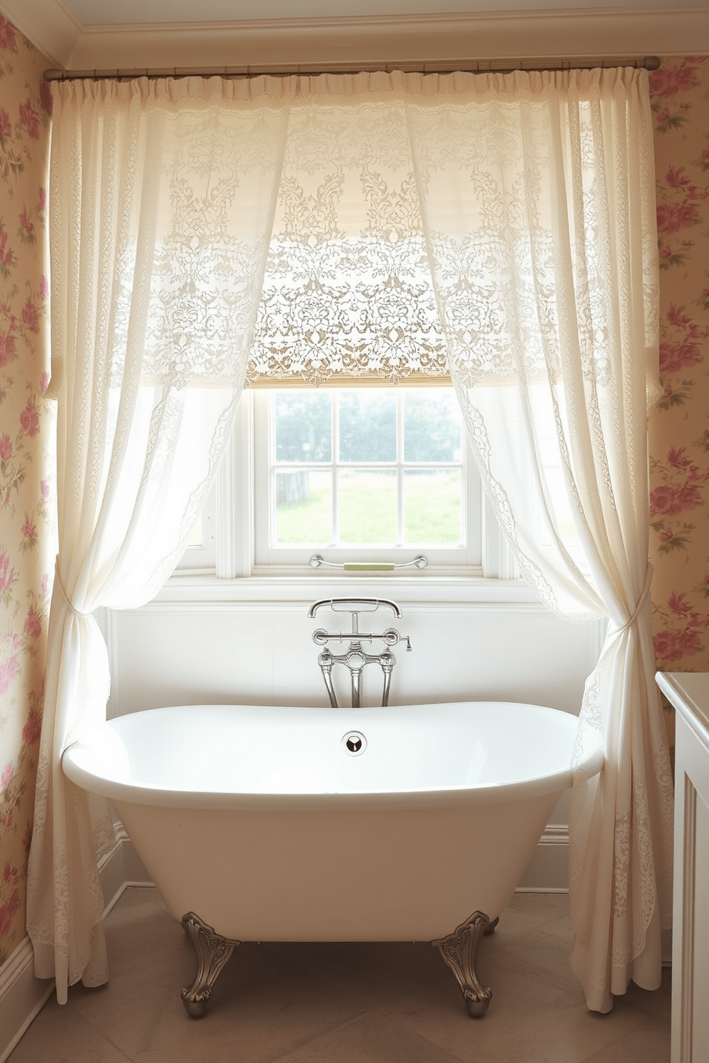 A vintage bathroom design featuring lace curtains that softly frame the window. The walls are adorned with delicate floral wallpaper in pastel hues, and a clawfoot bathtub sits invitingly in the corner.