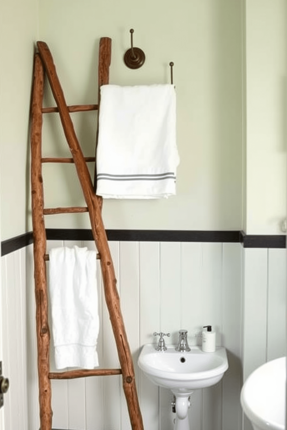 A charming vintage bathroom featuring a farmhouse style wooden ladder for towels. The ladder leans against a soft pastel wall, providing a rustic touch while complementing the elegant fixtures.