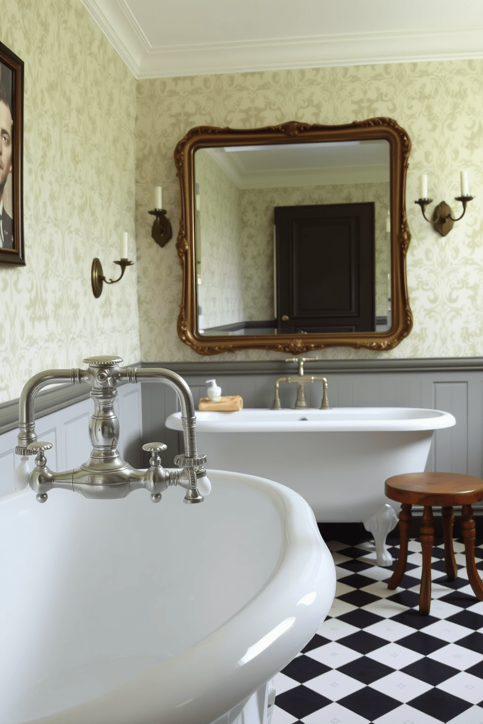 A vintage bathroom setting featuring elegant faucets with porcelain handles. The walls are adorned with intricate wallpaper in soft pastel tones, complemented by a clawfoot bathtub and a rustic wooden stool beside it. The floor is covered in classic black and white checkerboard tiles, enhancing the vintage charm. A large ornate mirror hangs above the sink, reflecting the warm glow of antique sconces on either side.