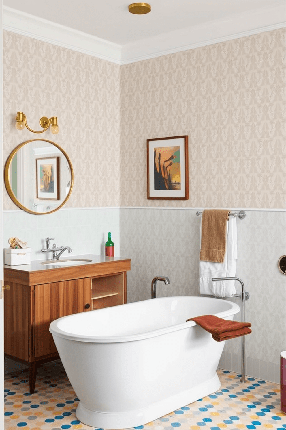 A vintage bathroom design featuring mid-century modern wall art and decor. The walls are adorned with geometric patterned wallpaper in soft pastels, complemented by a sleek freestanding bathtub in a soft white finish. A wooden vanity with clean lines showcases a round mirror with a brass frame above it. Accessories include retro-inspired light fixtures and colorful ceramic tiles that add a playful touch to the overall aesthetic.