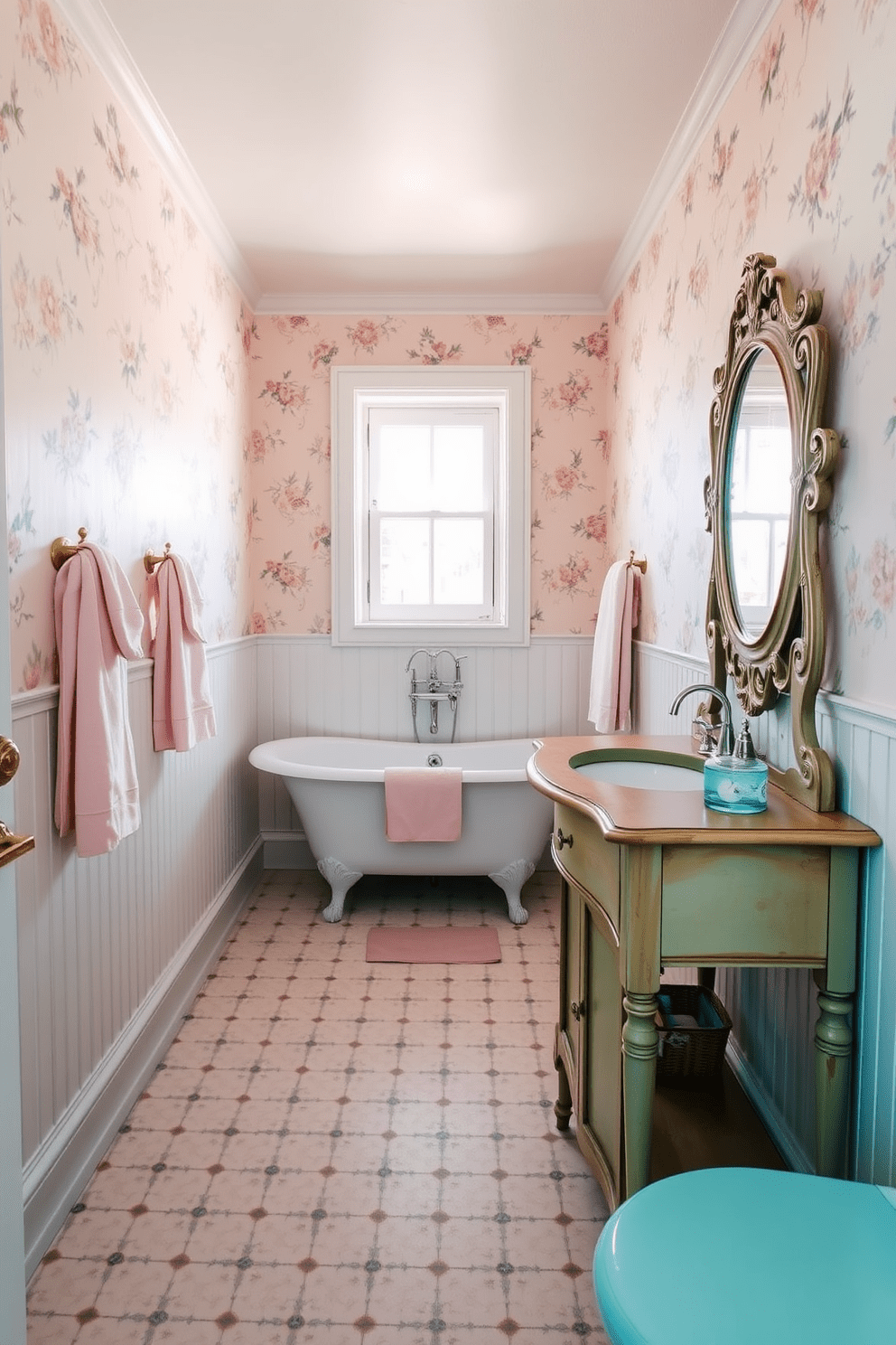 A vintage bathroom design featuring soft pastel towels in coordinating colors. The walls are adorned with delicate floral wallpaper, and a freestanding clawfoot tub sits elegantly in the center of the room. A charming wooden vanity with a distressed finish holds an antique mirror with ornate detailing. Natural light filters through a small window, illuminating the space and enhancing the soothing color palette.