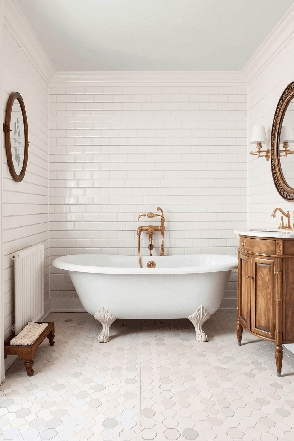 A vintage bathroom design featuring penny tile flooring in soft pastel colors creates a charming and inviting atmosphere. The walls are adorned with classic white subway tiles, and a freestanding clawfoot bathtub sits elegantly in the center of the room. Antique brass fixtures add a touch of elegance, complementing the pastel hues of the flooring. A vintage wooden vanity with a marble top provides both style and functionality, while a round mirror with a decorative frame enhances the overall aesthetic.