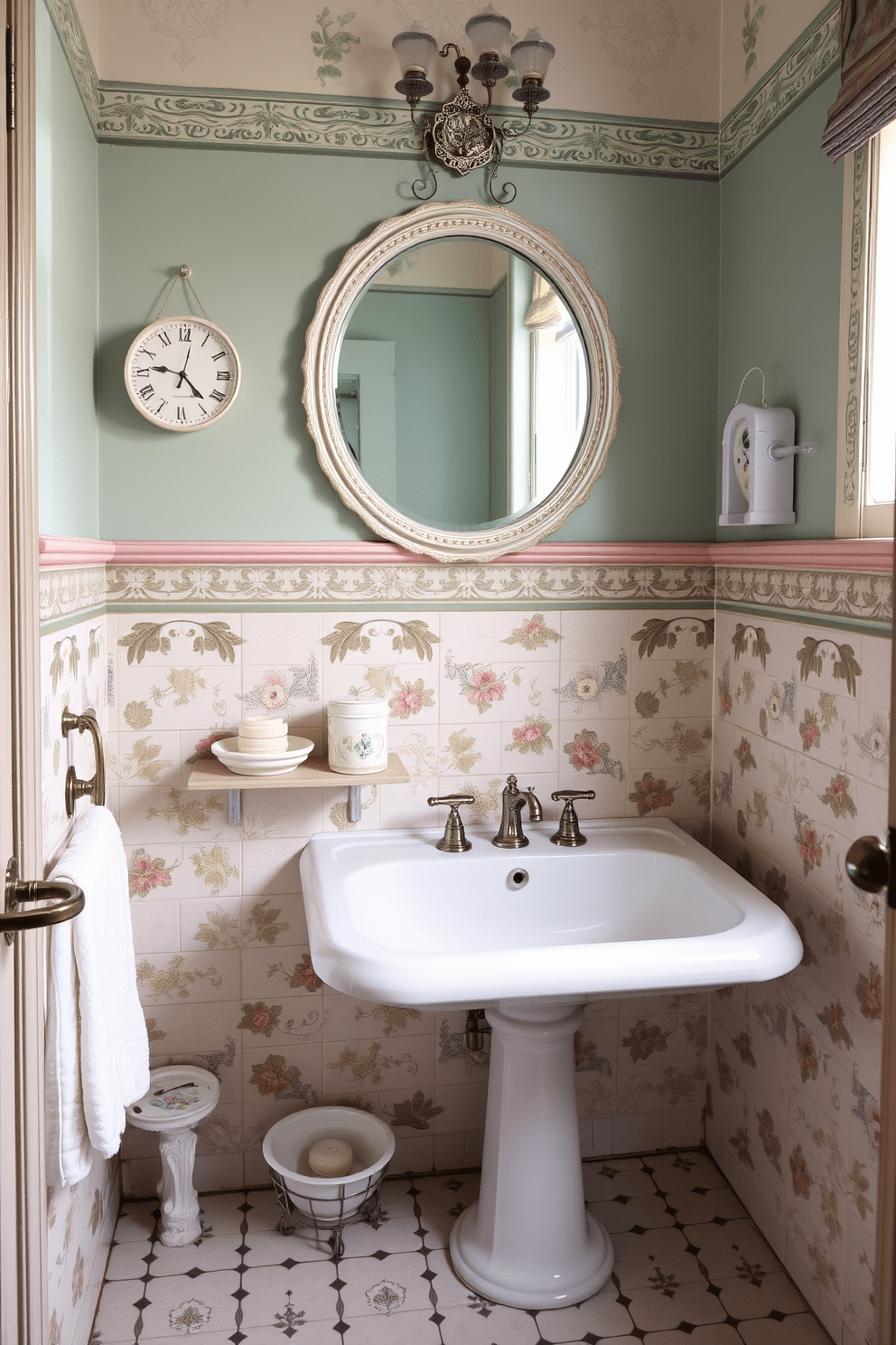 A vintage bathroom design featuring decorative ceramic soap dishes and accessories. The space is adorned with intricate tile work and soft pastel colors, creating a charming and inviting atmosphere.