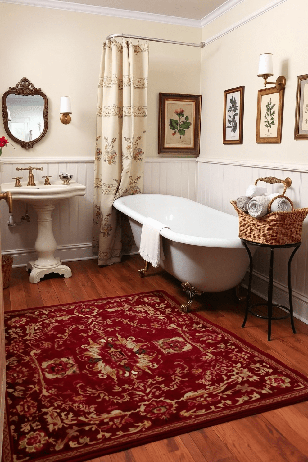 A vintage bathroom design featuring a classic clawfoot bathtub with ornate feet and a vintage-style shower curtain. The floor is adorned with a beautifully patterned vintage rug that adds warmth and character to the space. The walls are painted in a soft pastel color, complemented by antique brass fixtures and a pedestal sink. Decorative elements include framed botanical prints and a woven basket filled with plush towels, enhancing the cozy, inviting atmosphere.