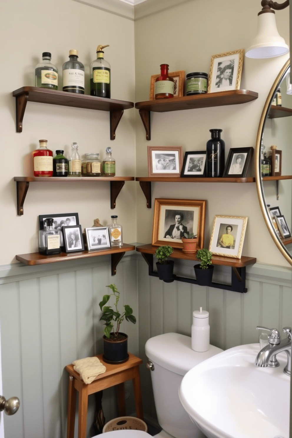 A charming vintage bathroom featuring wall-mounted shelves adorned with an array of curated decor items. The shelves showcase antique perfume bottles, framed black and white photos, and small potted plants, adding character and nostalgia to the space.