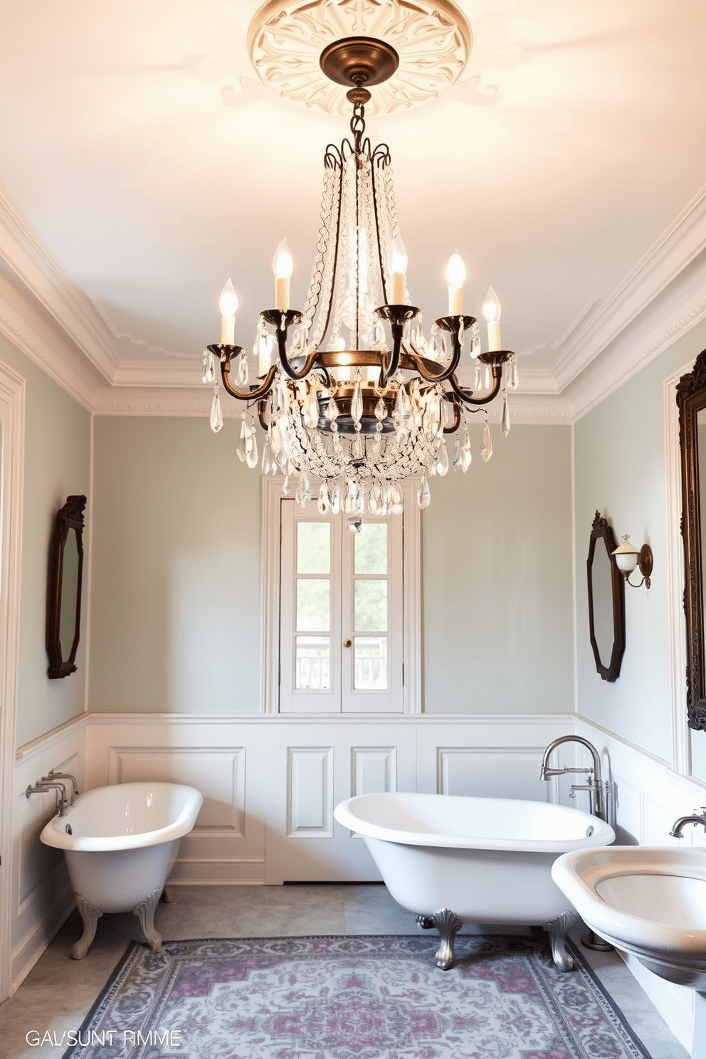 An elegant chandelier hangs gracefully from the ceiling, casting a warm glow over the vintage bathroom. The chandelier features intricate crystal details that reflect light beautifully, enhancing the room's charm. The bathroom showcases vintage design ideas with clawfoot bathtubs and antique fixtures. Soft pastel colors adorn the walls, complemented by ornate moldings and a decorative rug that adds a touch of luxury.