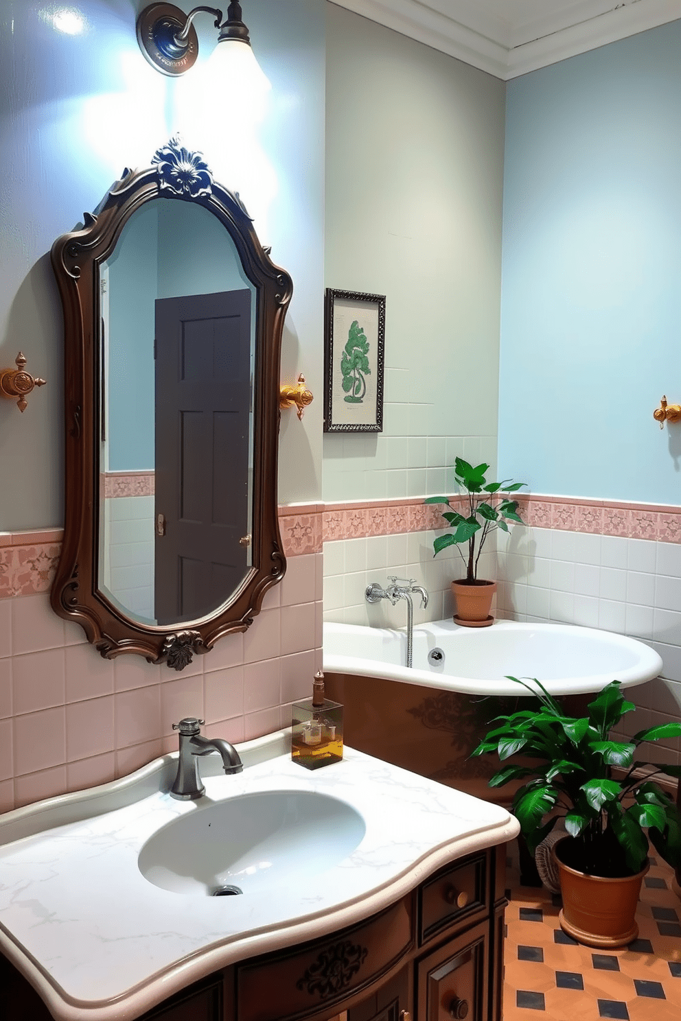 A vintage bathroom setting featuring a retro mirror with built-in lighting that enhances the ambiance. The walls are adorned with pastel-colored tiles, and a classic clawfoot tub sits elegantly in the corner. A wooden vanity with intricate detailing complements the overall design, topped with a polished marble surface. Vintage fixtures in brass add a touch of nostalgia, while lush greenery in decorative pots brings life to the space.