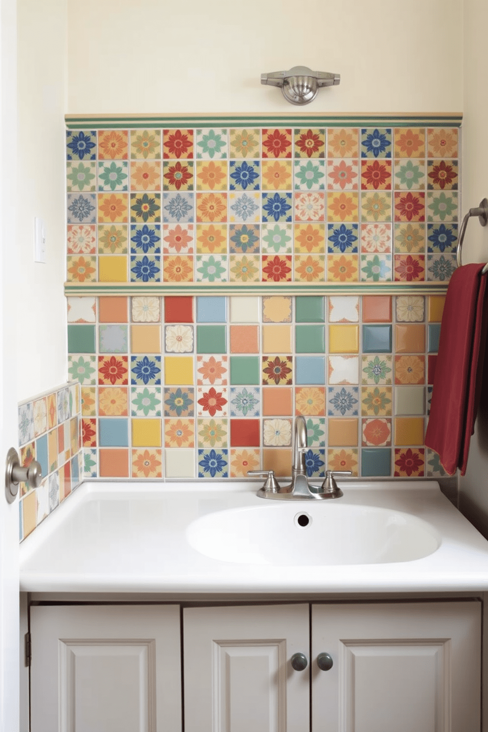 A vintage bathroom featuring colorful vintage tiles as a backsplash. The walls are adorned with soft pastel shades, complementing the vibrant tiles and creating a warm and inviting atmosphere.