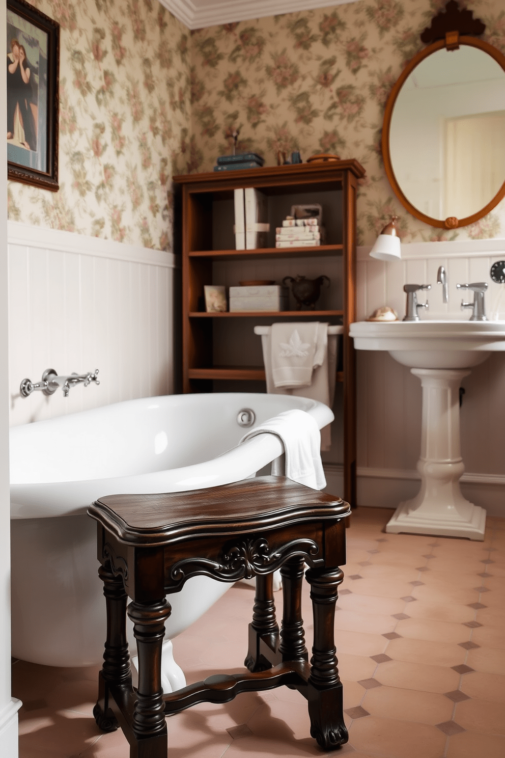 A classic wooden stool is placed in the corner of the vintage bathroom, providing extra seating and a touch of warmth. The stool features intricate carvings and a rich mahogany finish that complements the overall design. The bathroom showcases vintage elements such as a clawfoot bathtub and a pedestal sink with ornate fixtures. Soft pastel tiles cover the floor, while floral wallpaper adds a charming and nostalgic feel to the space.