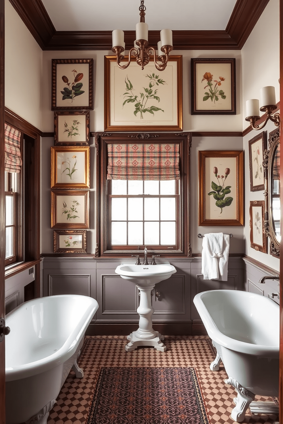 A vintage bathroom with botanical prints in antique frames adorning the walls. The space features clawfoot tubs, a pedestal sink, and ornate lighting fixtures that enhance the classic aesthetic.